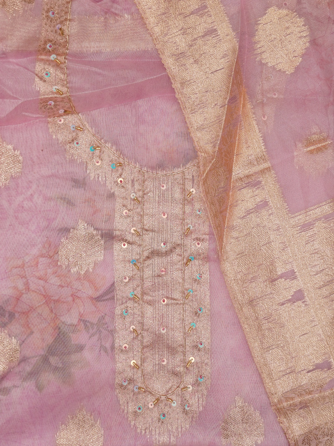 Pink Floral Printed Embellished Organza Dress Material with Dupatta