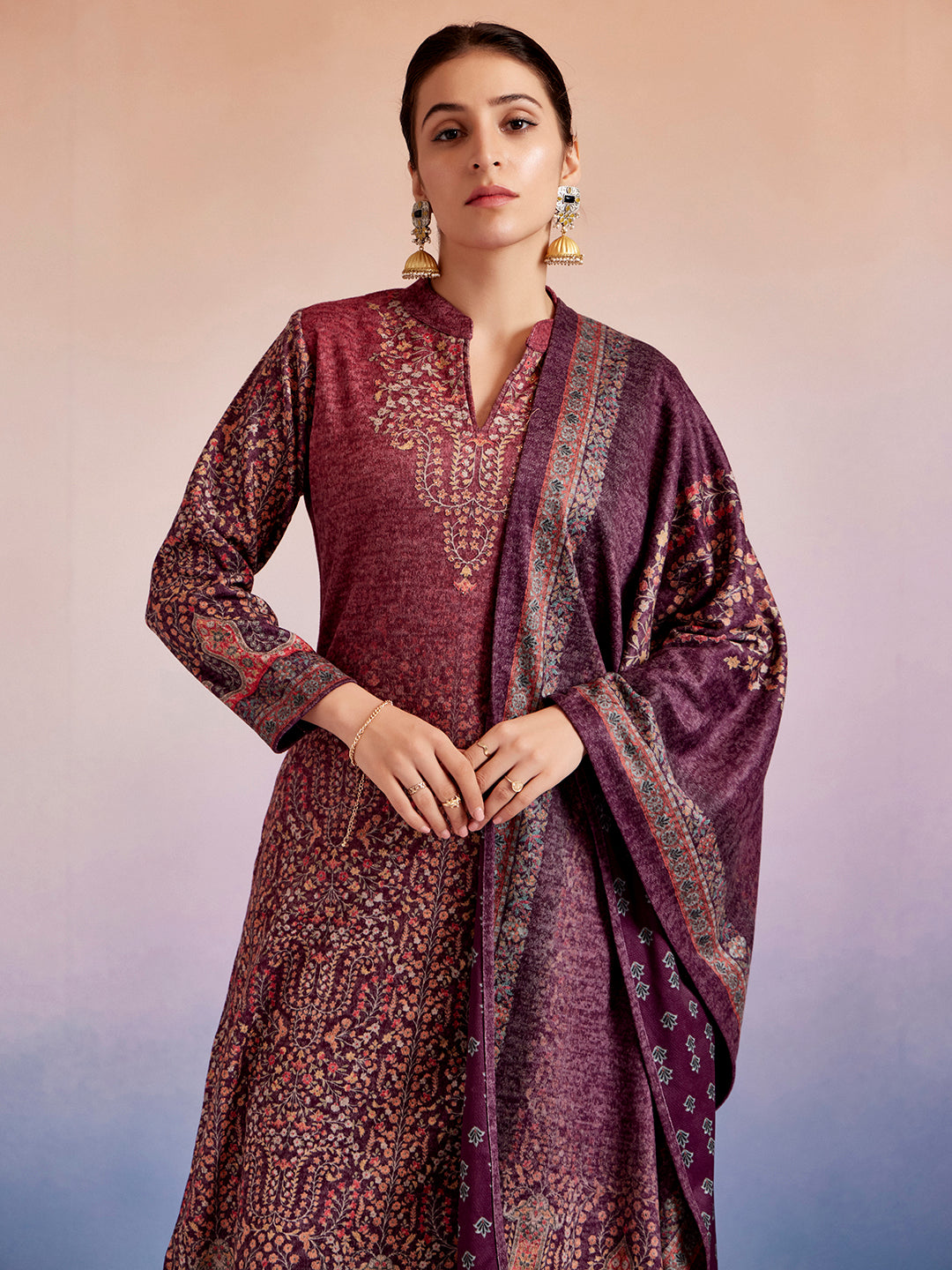 Pink Woolen Floral Printed Kurta Set With Dupatta