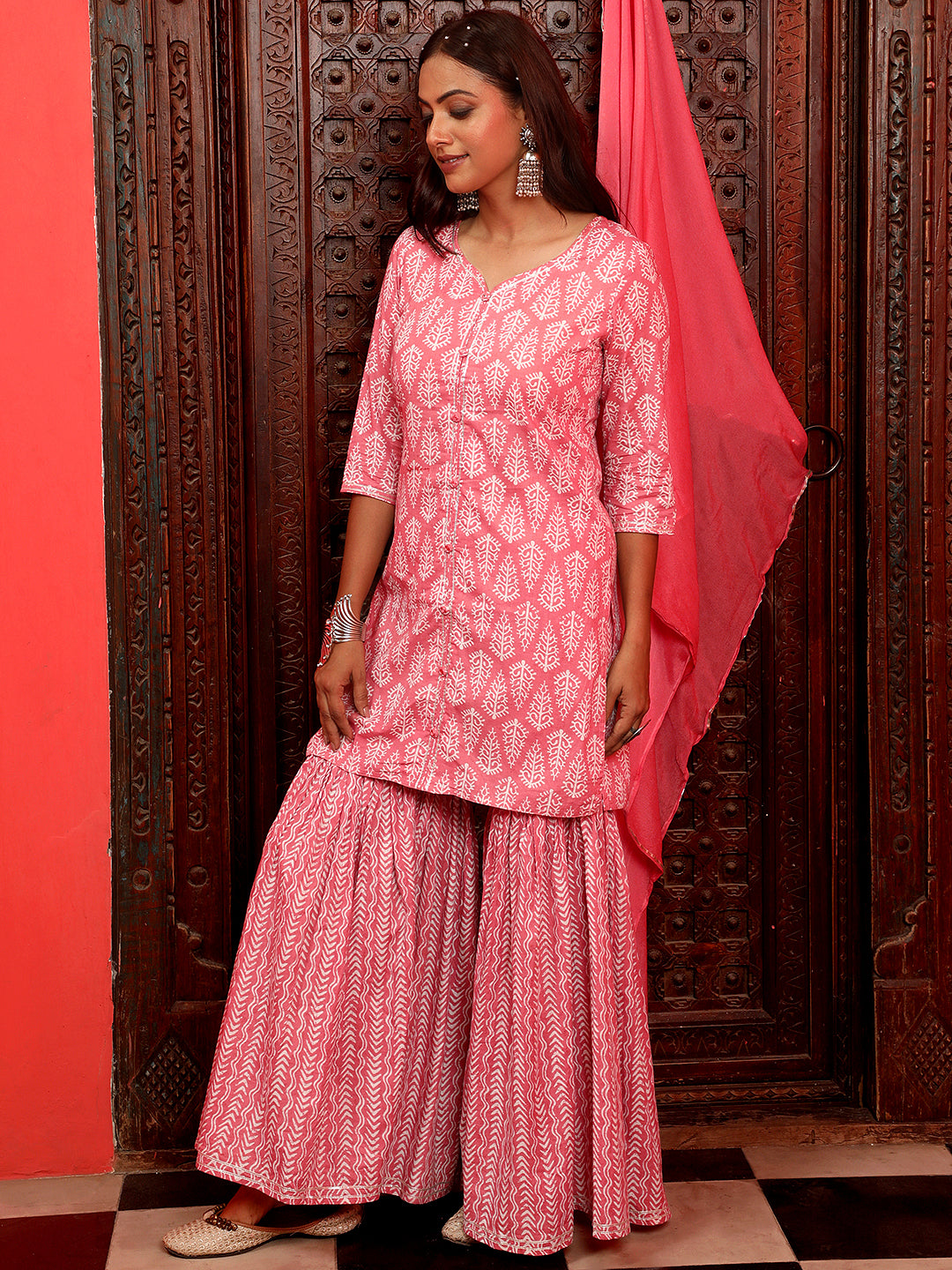 Pink Ethnic Printed Straight Kurta With Sharara And Chiffon Dupatta
