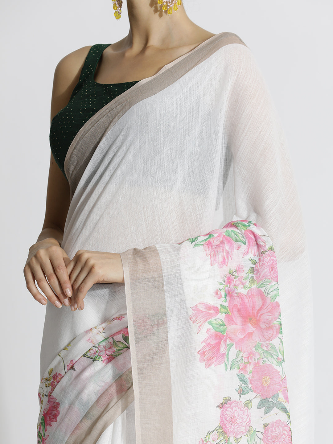 Floral Printed Daily Wear Pure Linen White Saree