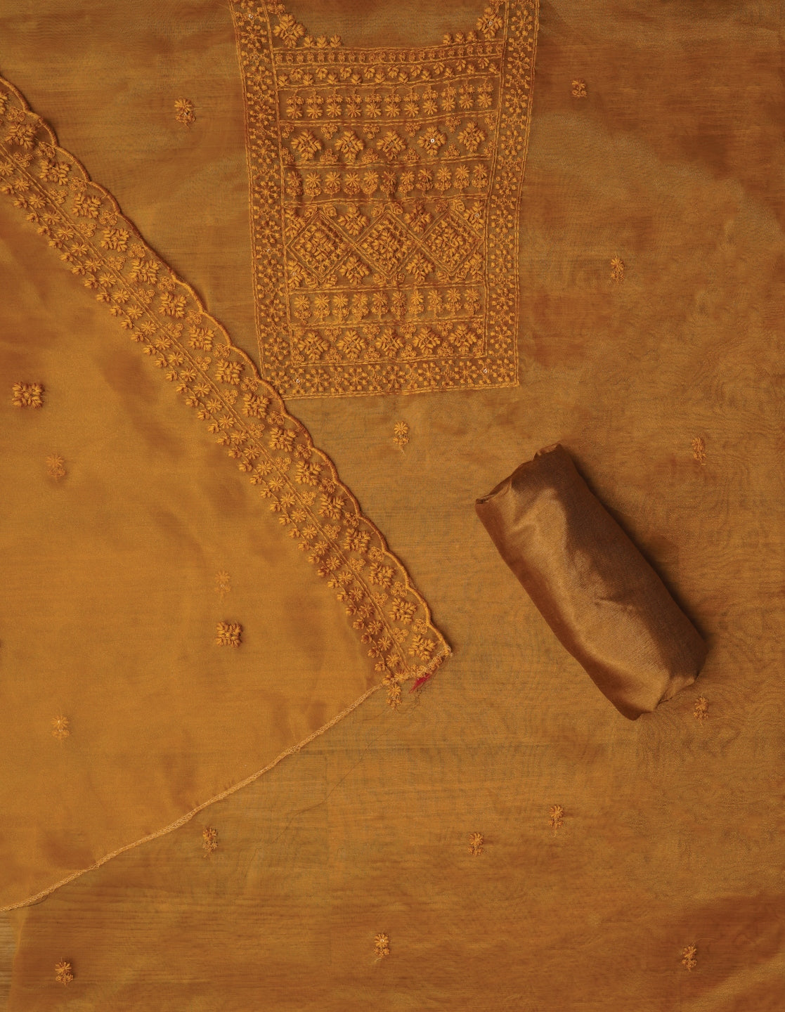 Mustard Unstitched Embroidered Organza Festive Dress Material With Dupatta