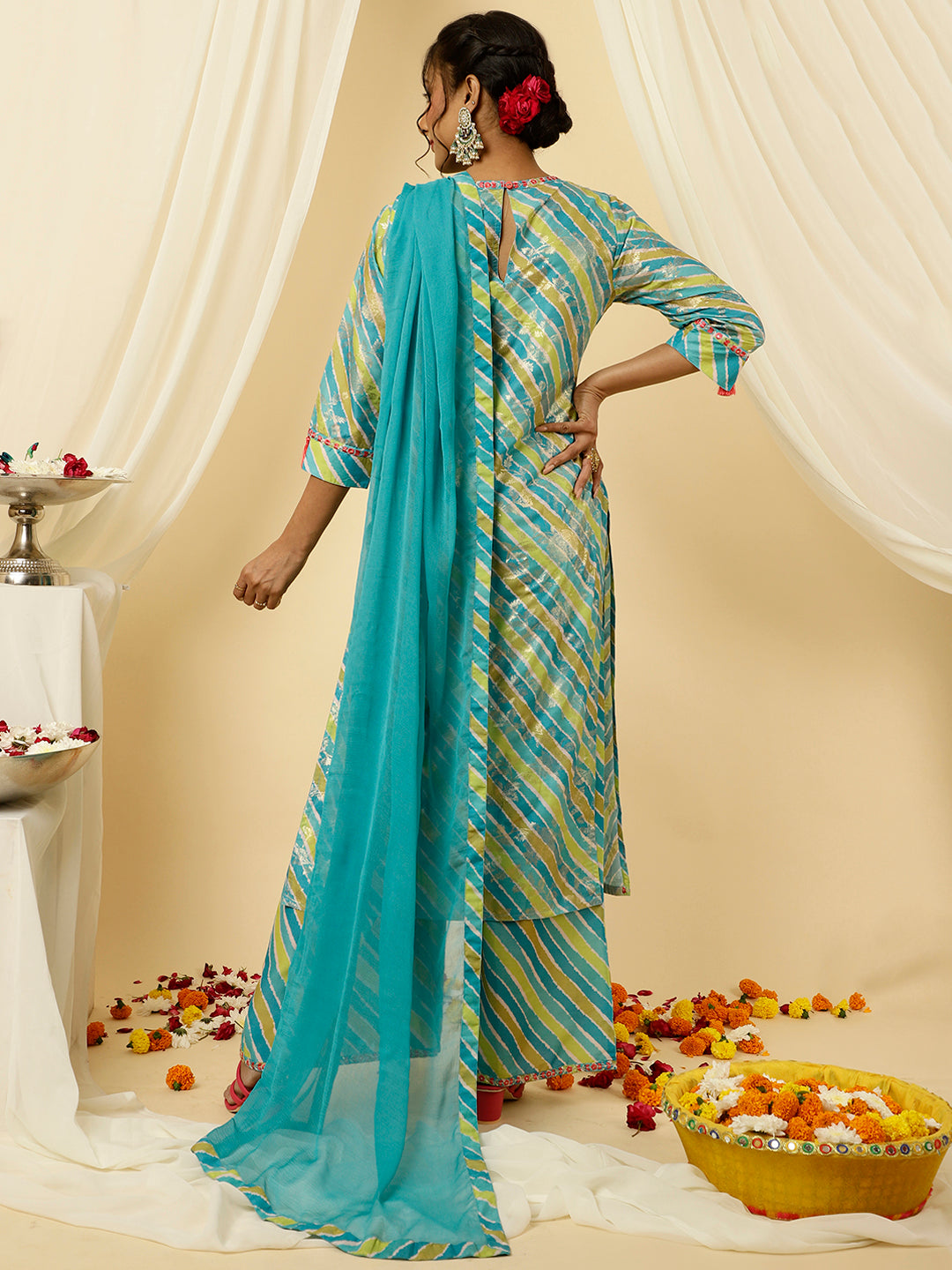Turquoise Blue Leheriya Straight Kurta With Palazzo And Dupatta
