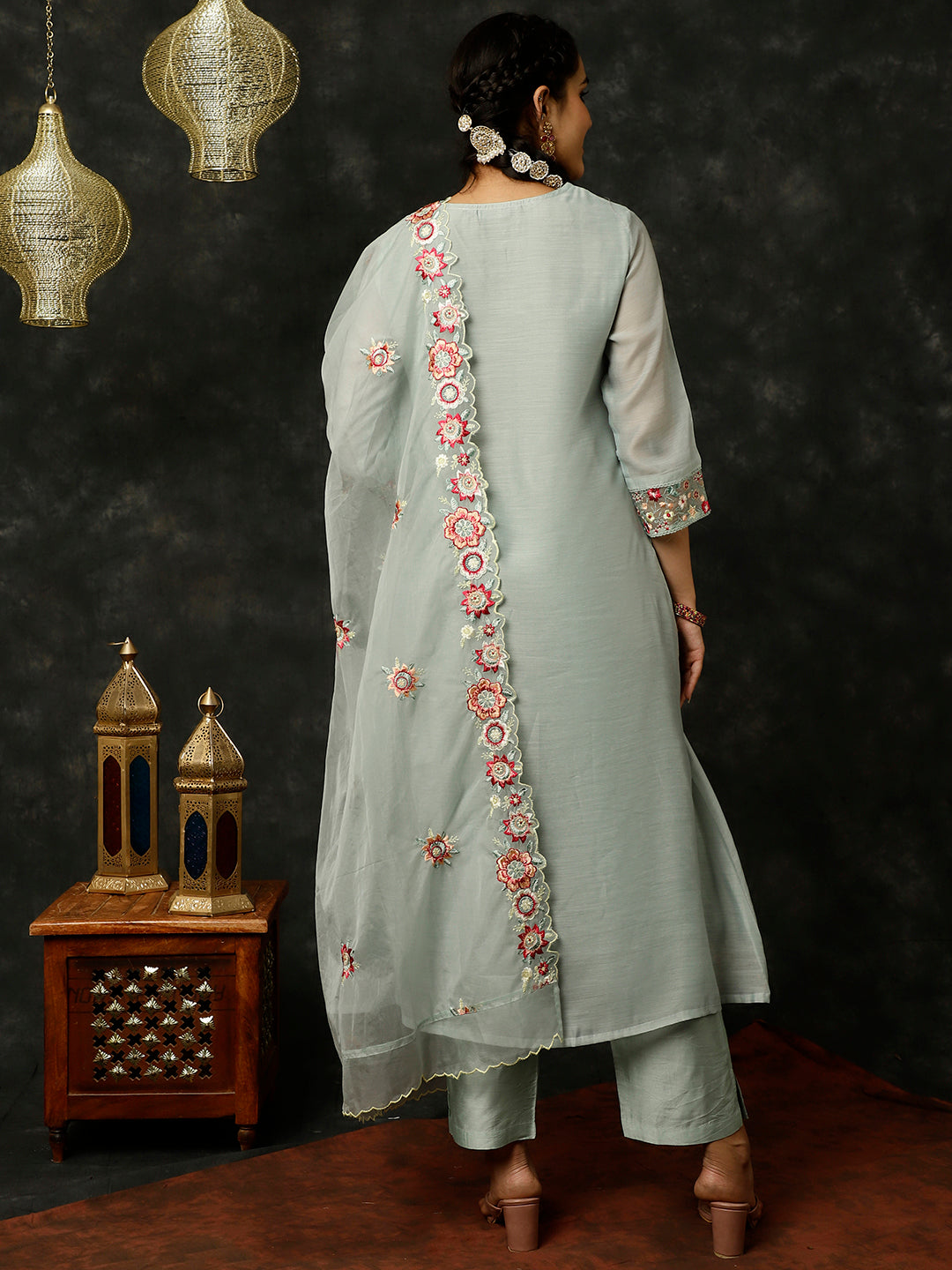 Blue Embroidered Art Silk Chanderi A-line Kurta With Pants And Dupatta