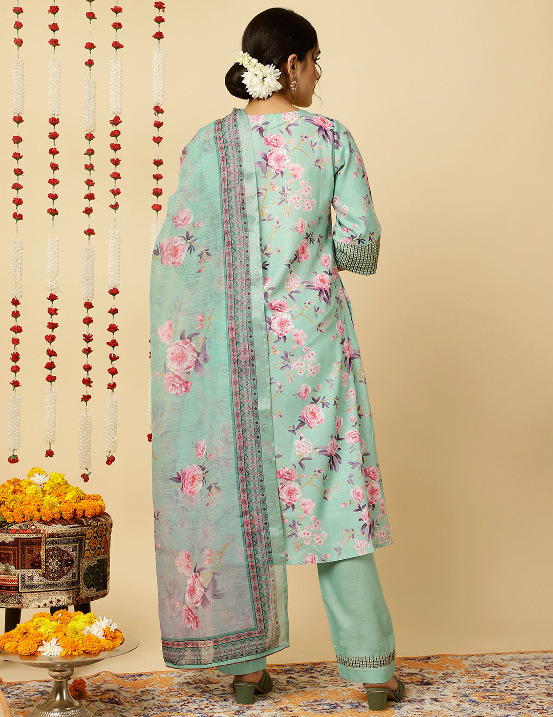 EMBROIDERED GREEN ROSE PRINT PLEATED PAKISTANI KURTA WITH PANTS AND DUPATTA