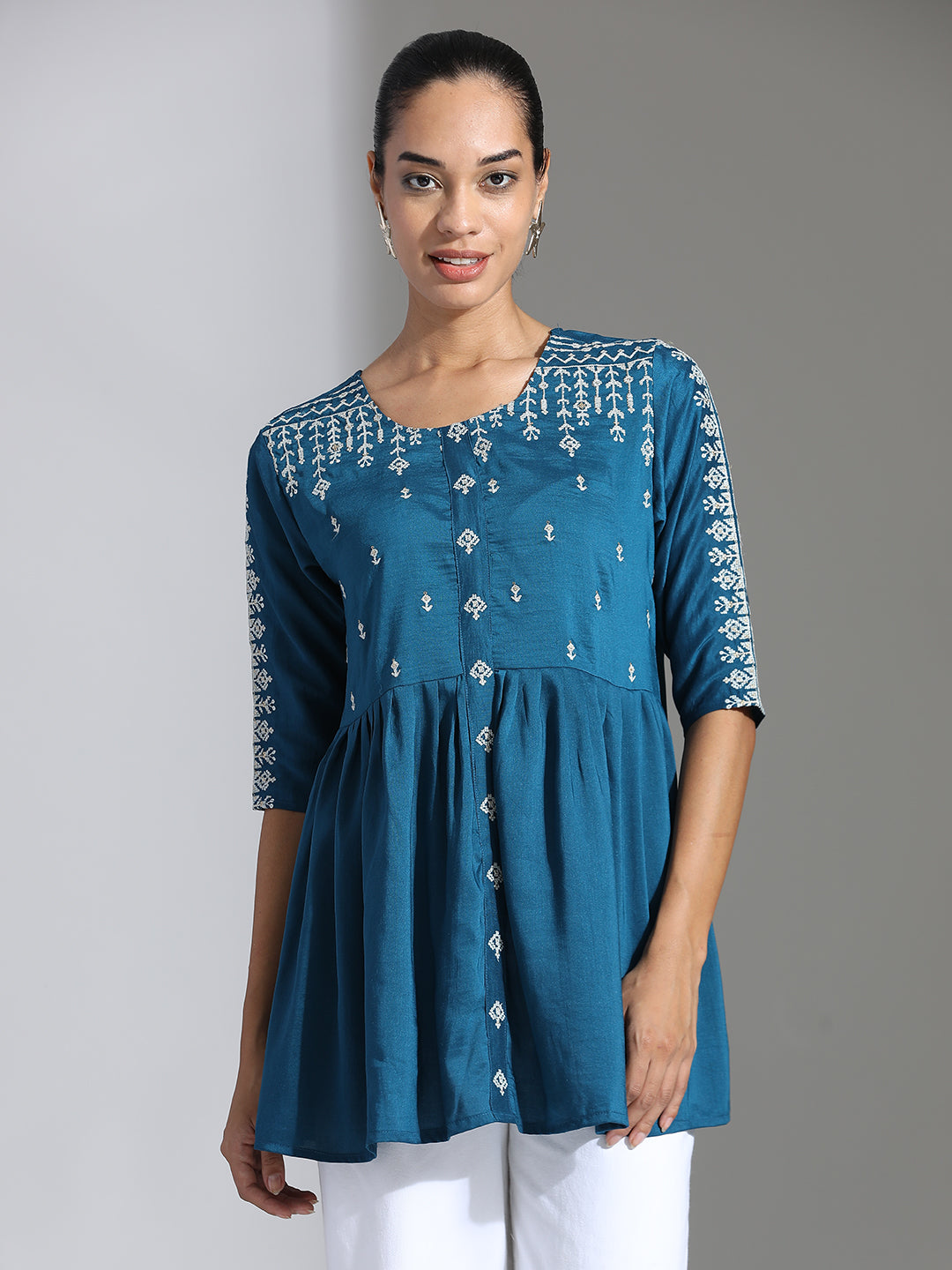 Teal Embroidered Party Wear Peplum Top