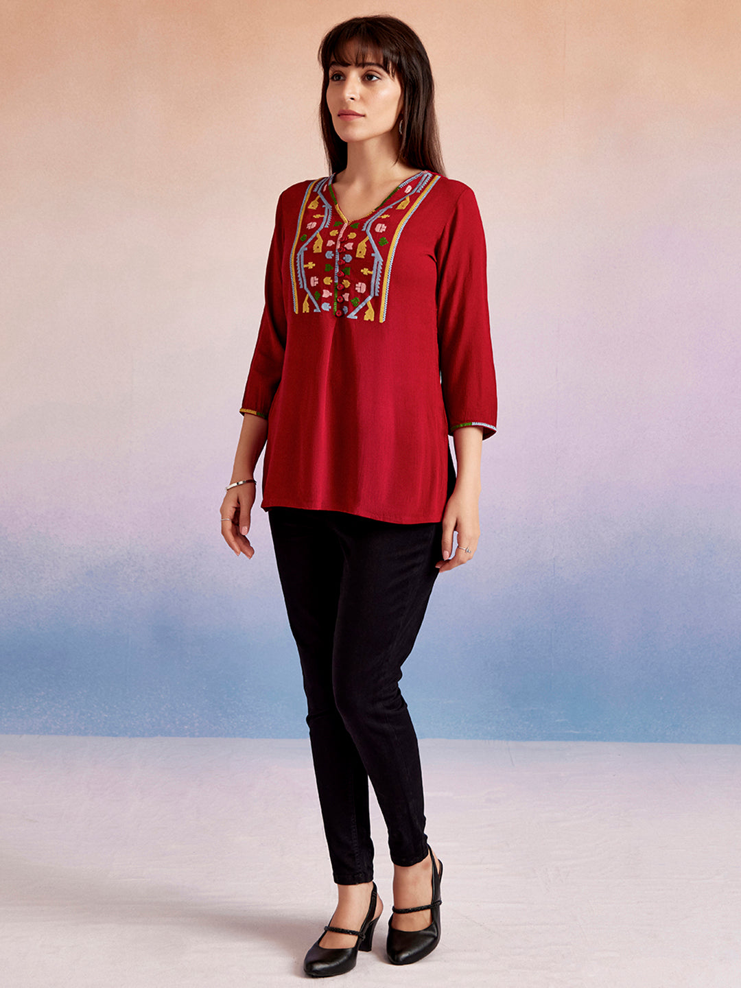 Solid Red Embroidered Casual Top