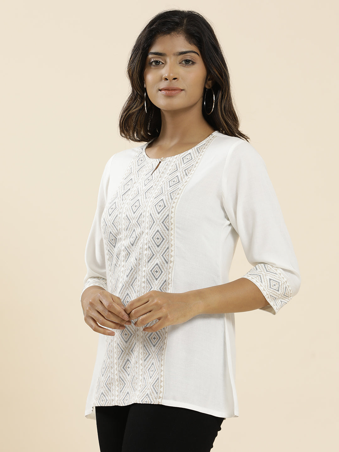 White Geometric Printed Straight Top