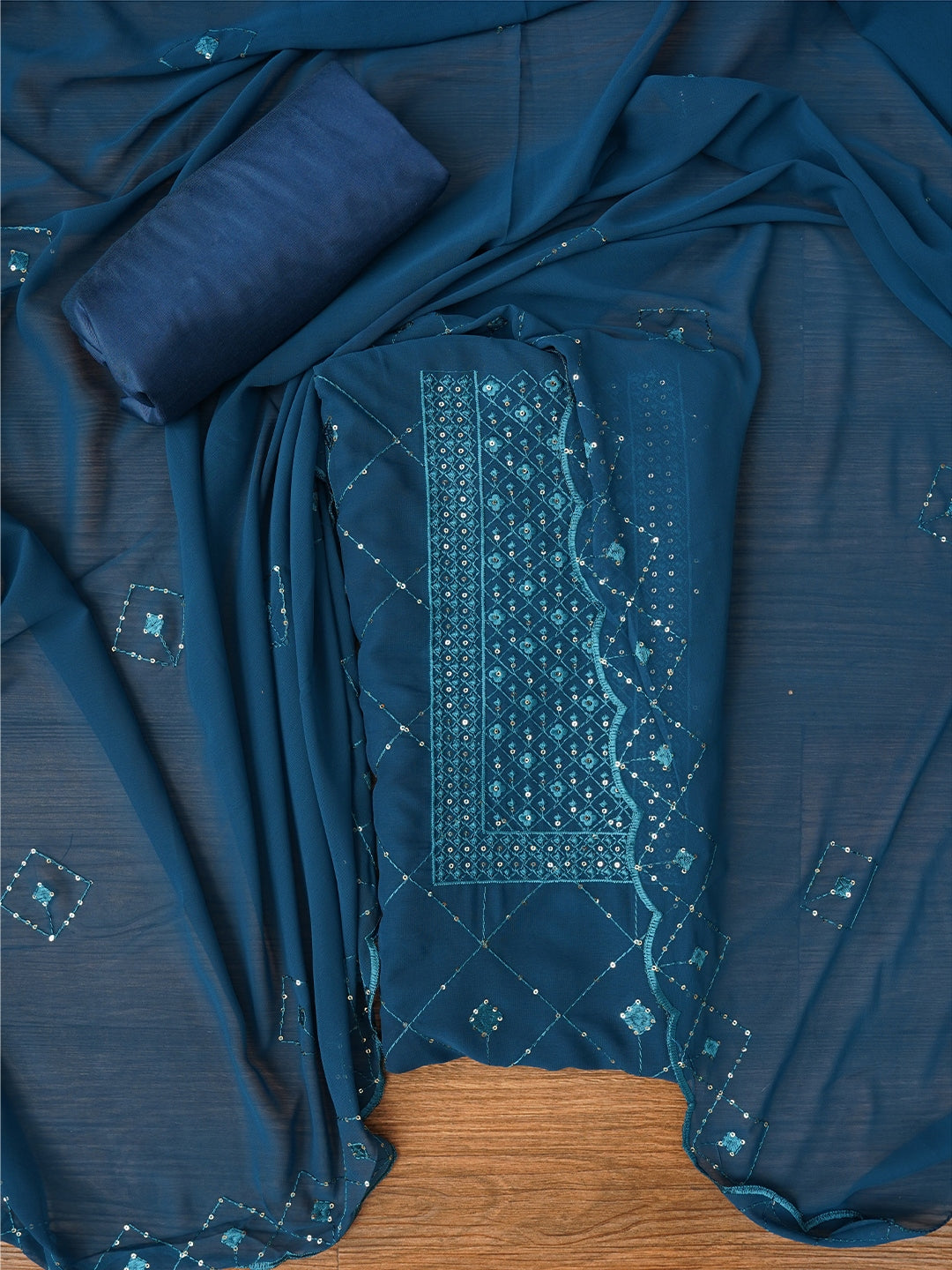 Teal Embroidered Silk Georgette Dress Material with Dupatta