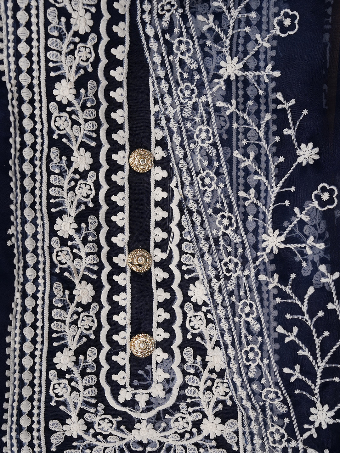 Unstitched Blue Embroidered Organza Dress Material With Dupatta