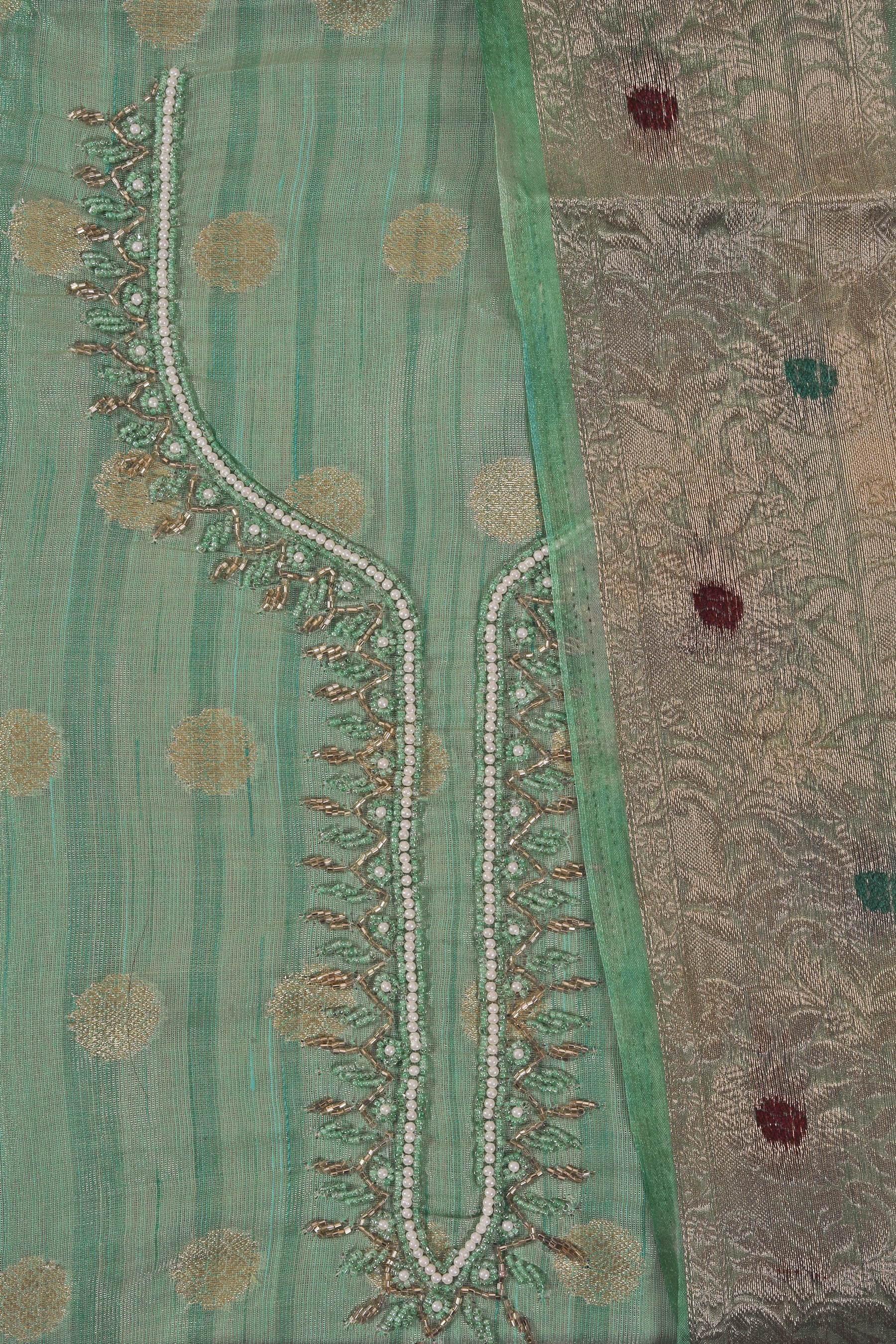 Green Embellished Organza Dress Material With Tie-Dye Dupatta