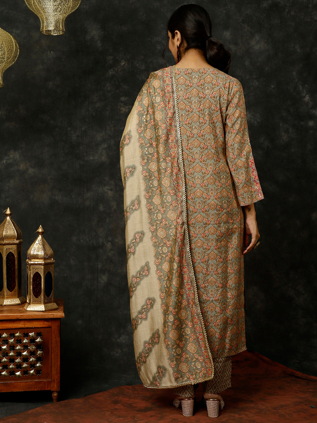 Grey Foil Printed Kurta With Pants And Dupatta