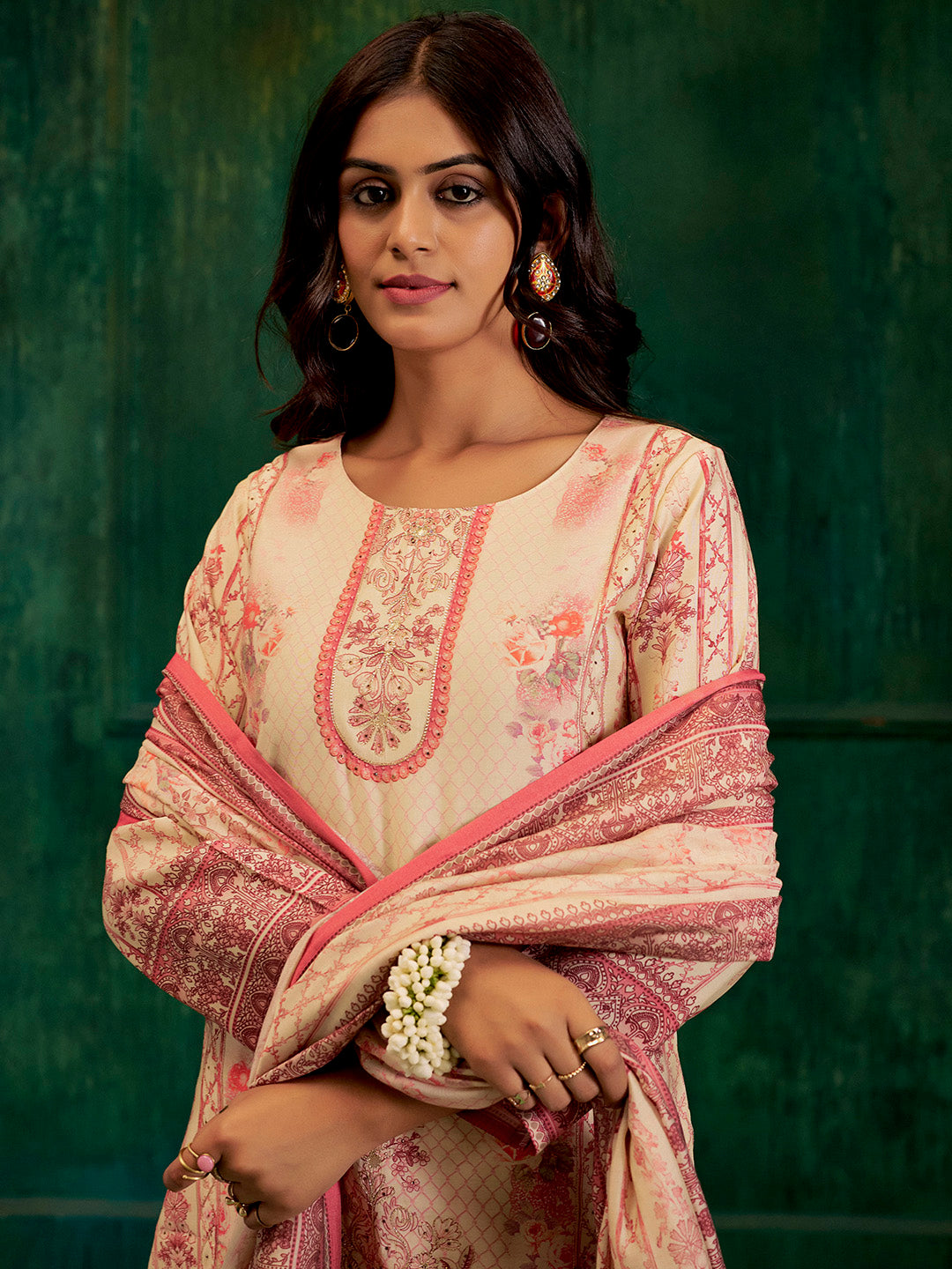 Pink Hand Embroidered Printed Kurta Set With Dupatta