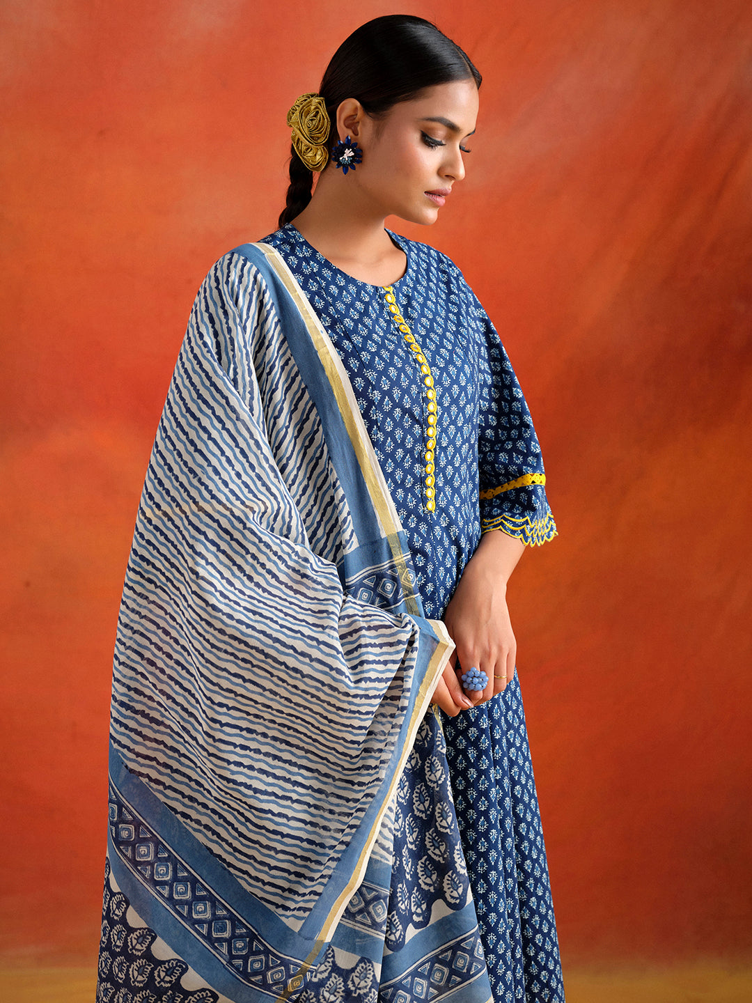 Indigo Blue Mirror Work Anarkali Suit Set