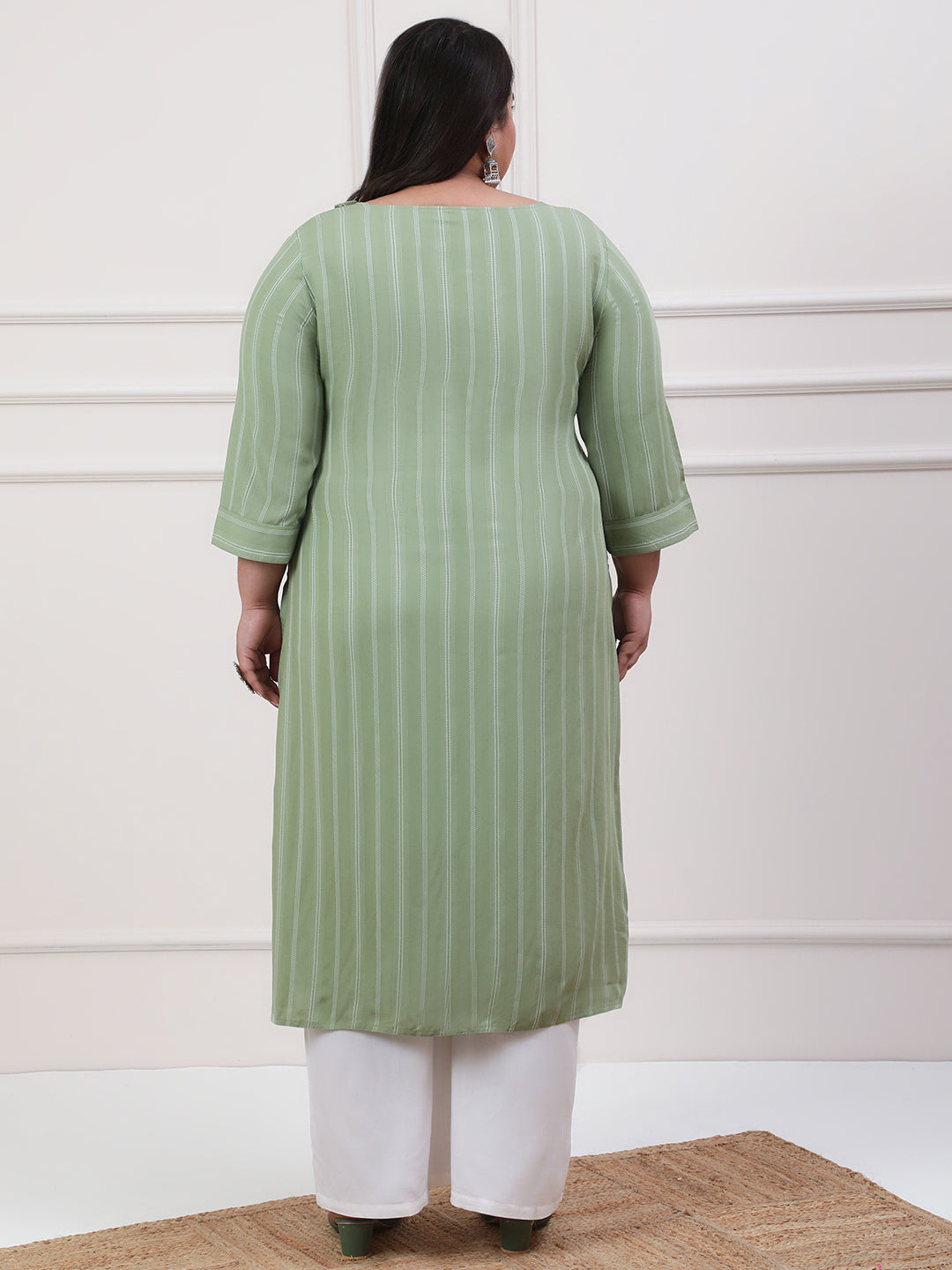 Plus Size Green Floral Printed Straight Kurta