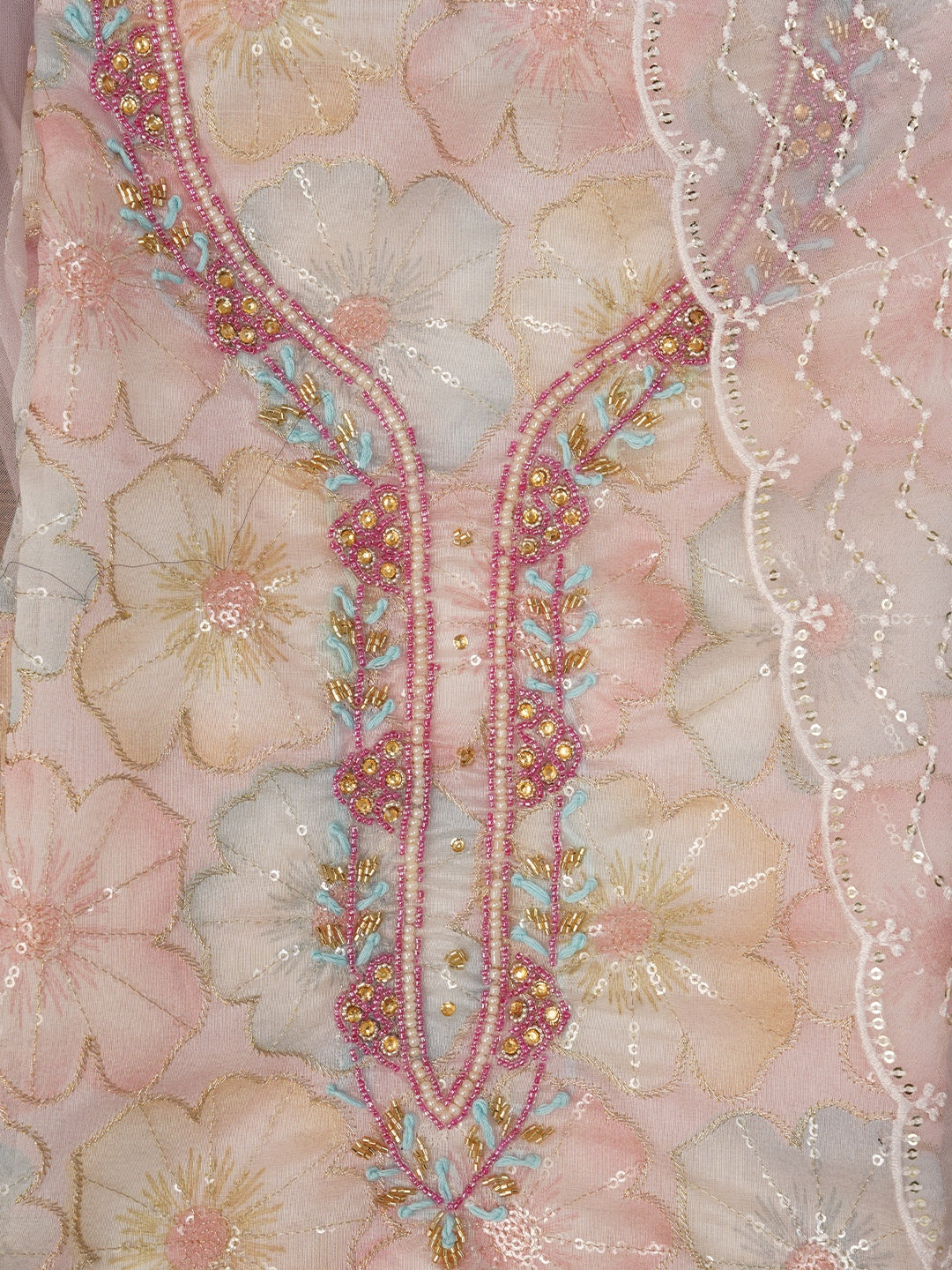 Floral Sequin Pink Embroidered Organza Dress Material with Dupatta