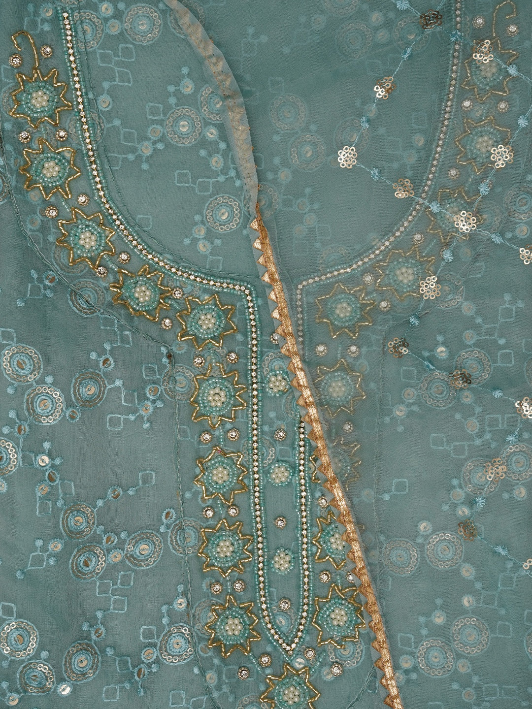 Sea Green Festive Embellished Organza Dress Material with Dupatta