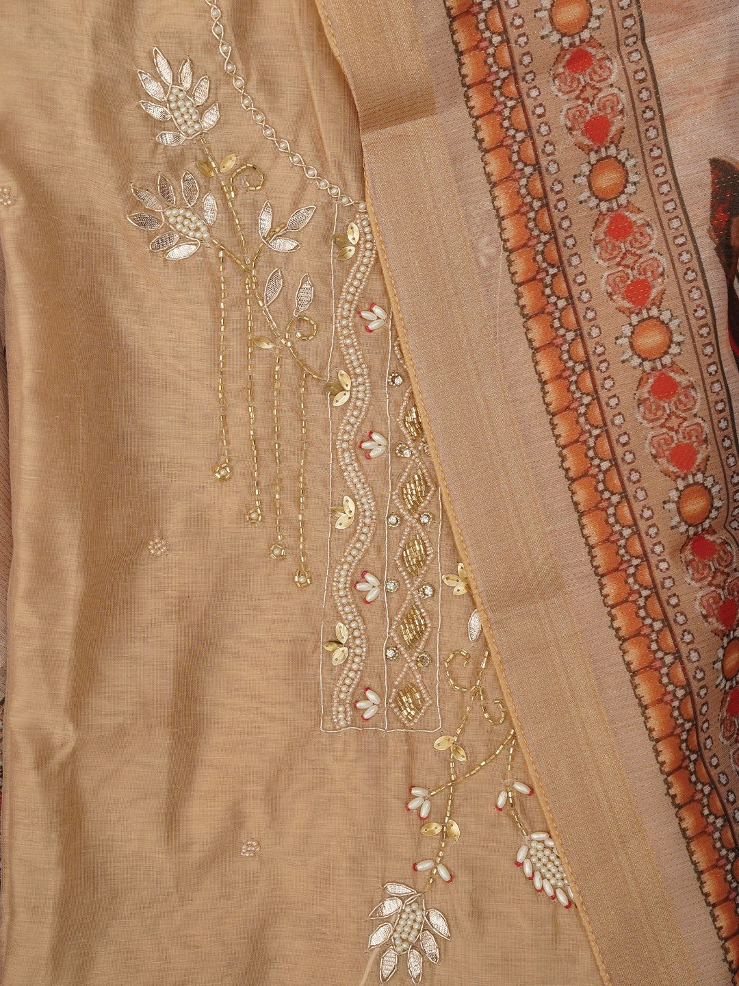 Beige Unstitched Zari Woven Design Cotton Dress Material with Dupatta