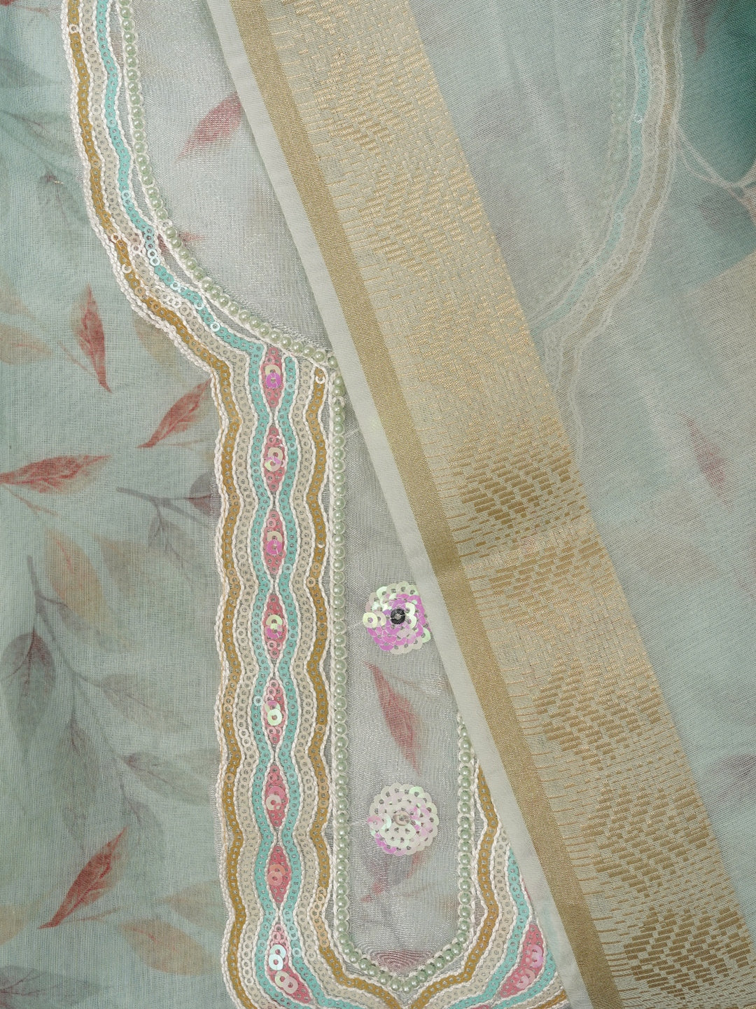 Sea Green Sequin Work Floral Printed Cotton Blend Dress Material with Dupatta