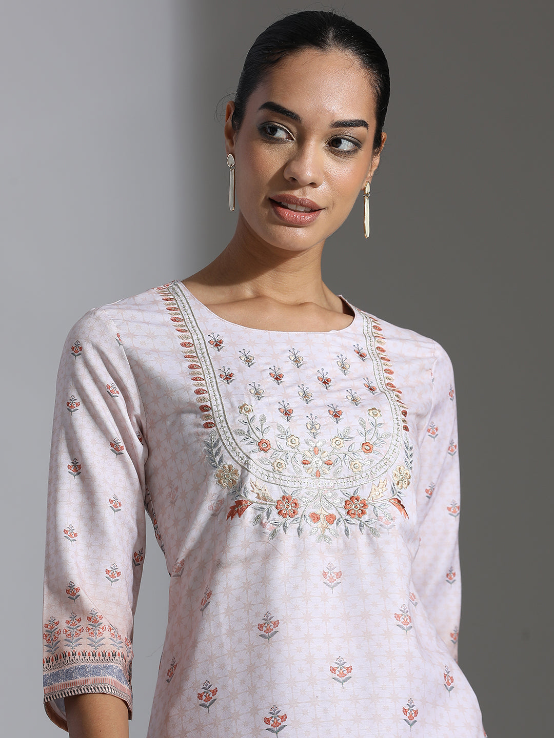 Beige Printed Poly Rayon Straight Kurta