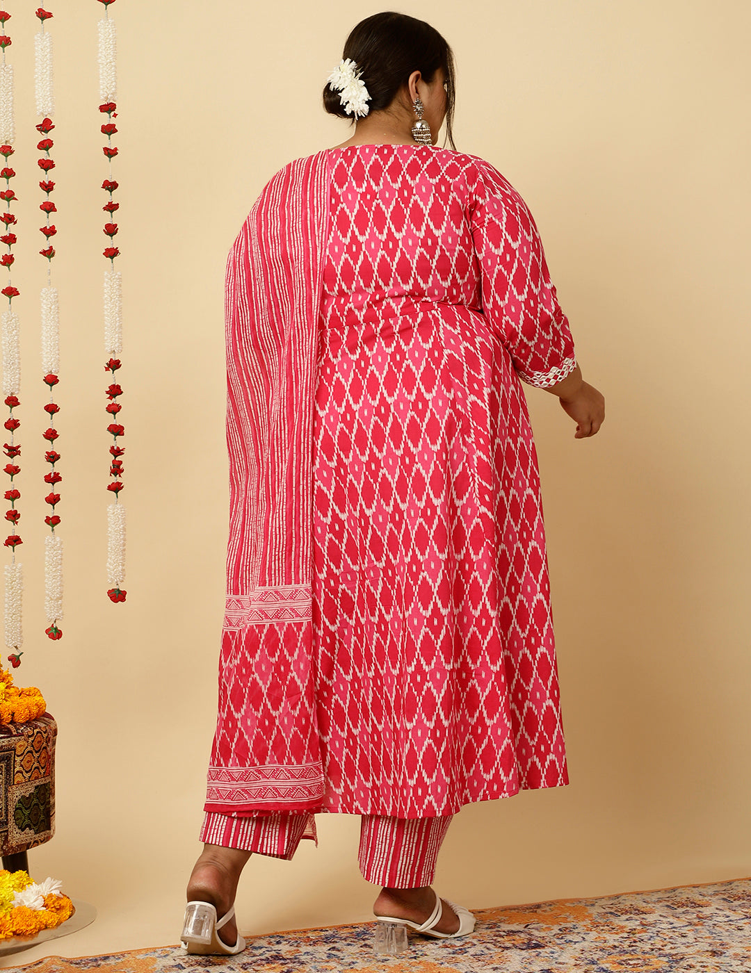 Plus Size Pink Mirror Embellished Ikat Printed Anarkali Kurta With Pants And Dupatta
