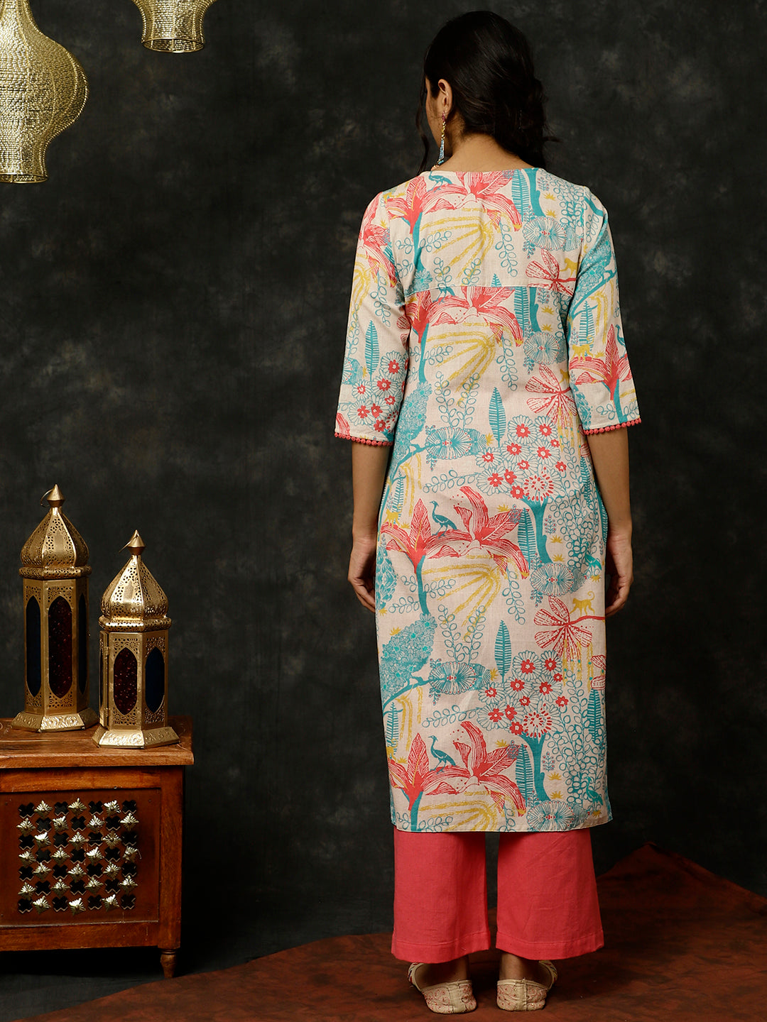Coral Kantha Work Printed Straight Kurta With Palazzo