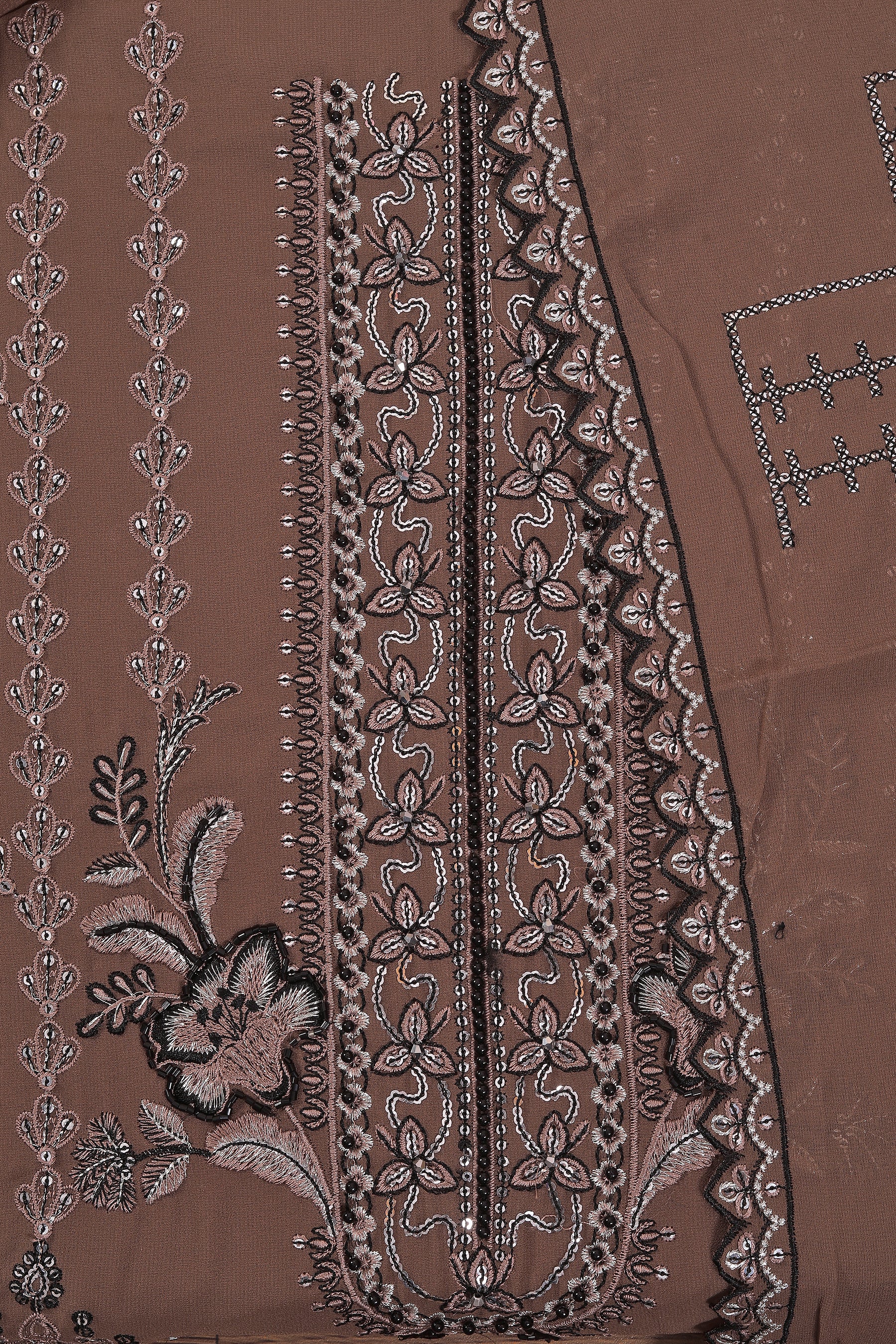 Brown Heavy Embroidered Poly Georgette Dress Material with Dupatta