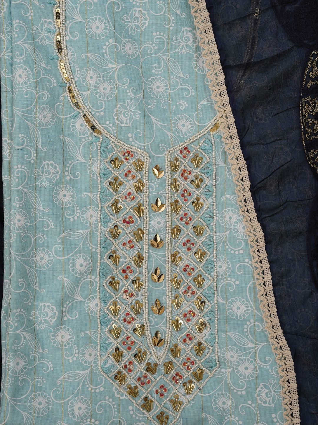 Sky Blue Zari Embroidered Cotton Dress Material with Dupatta