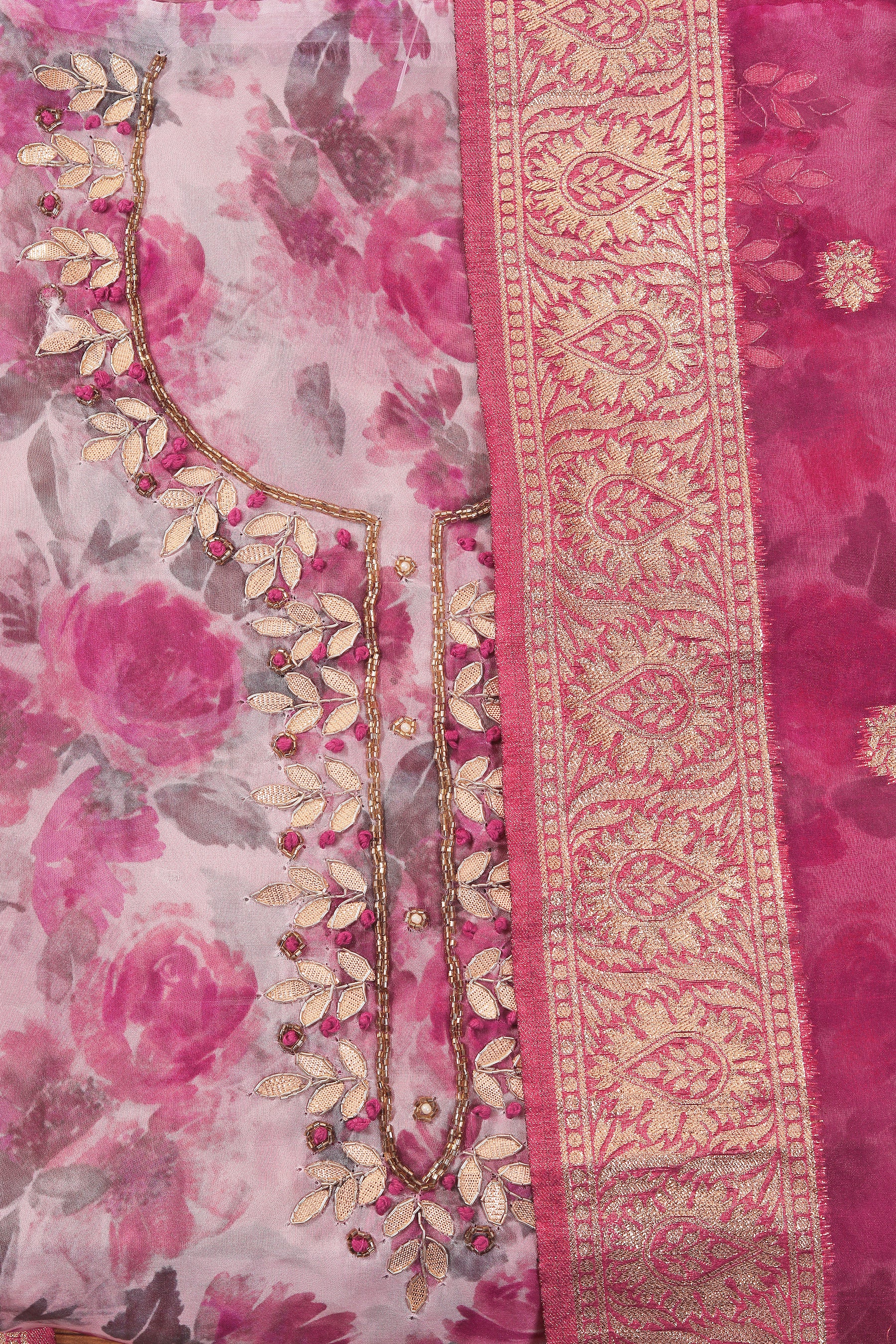 Unstitched Pink Floral Printed Gota Patti Dress Material With Dupatta