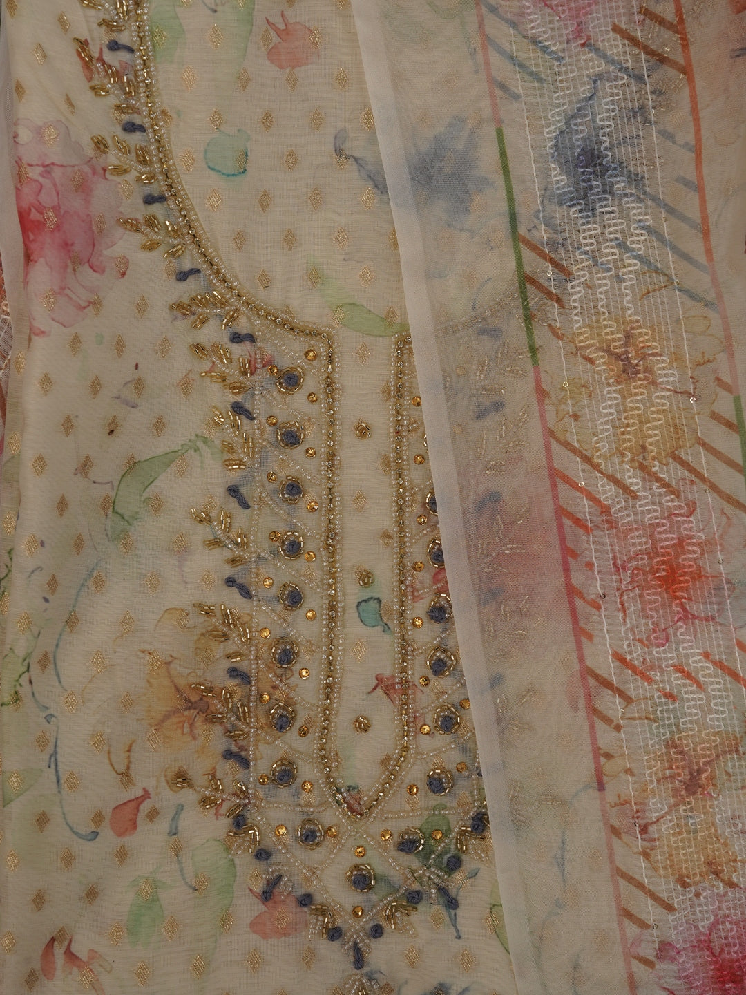 Off White Floral Printed Silk Zari Woven Dress Material with Dupatta