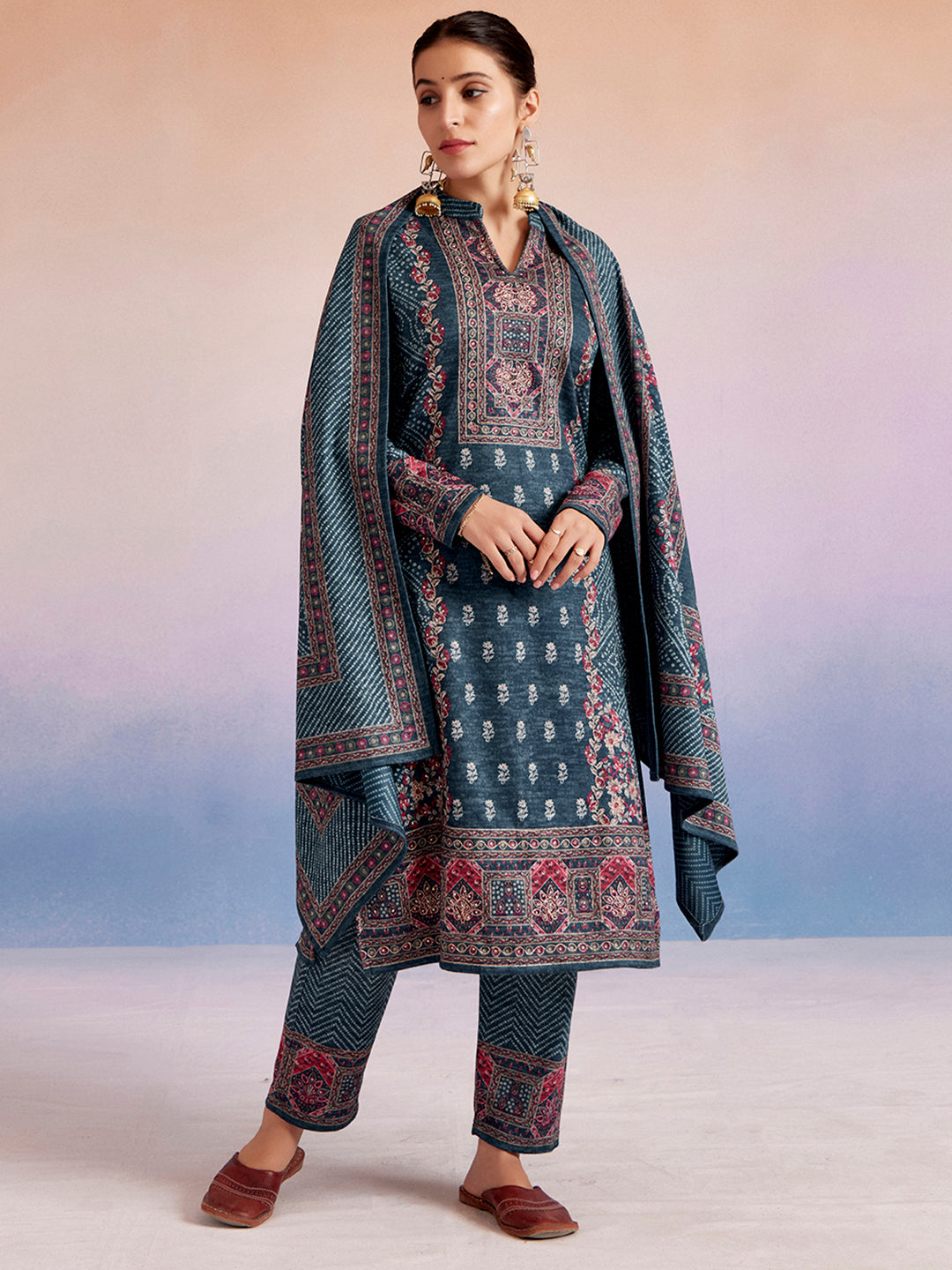 Sea Green Woolen Floral Printed Kurta Set With Dupatta