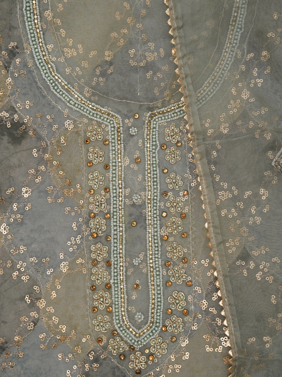 Sequin Embellished Multicolor Organza Dress Material with Dupatta