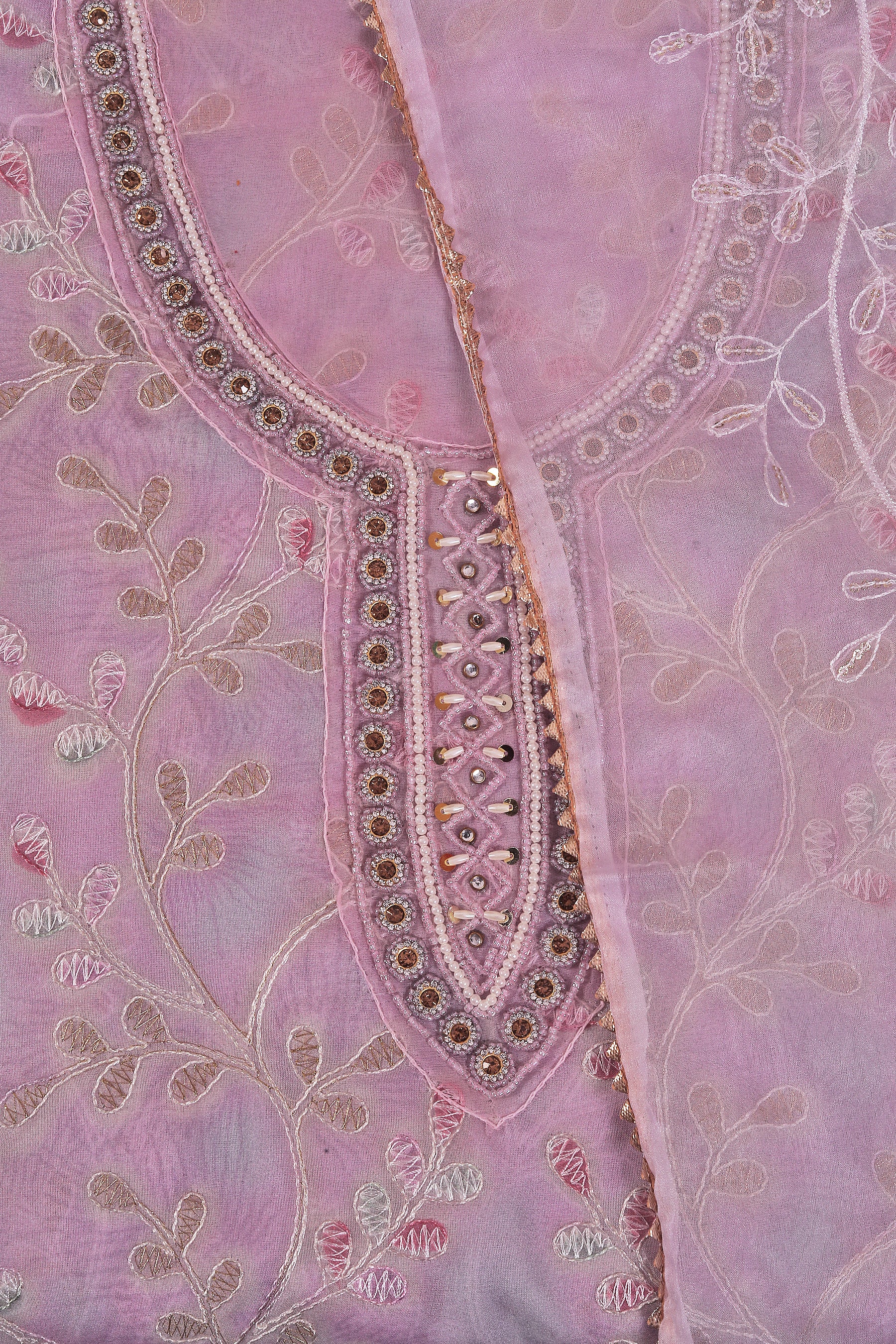 Lavender Organza Embellished Dress Material With Dupatta