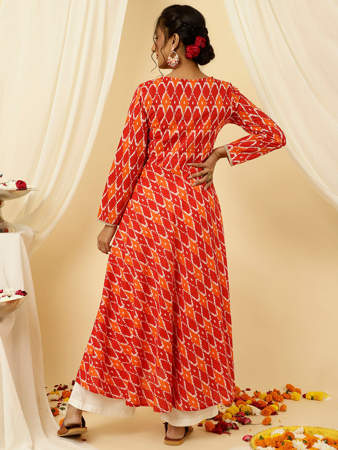 Red Ikat Printed Angrakha Kurta