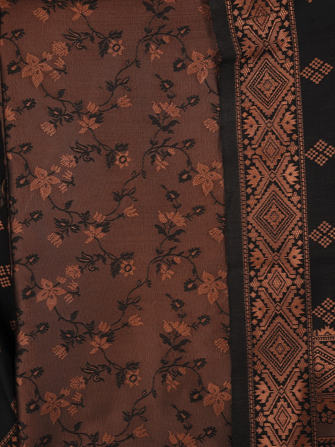 Black Floral Silk Zari Woven Dress Material with Dupatta