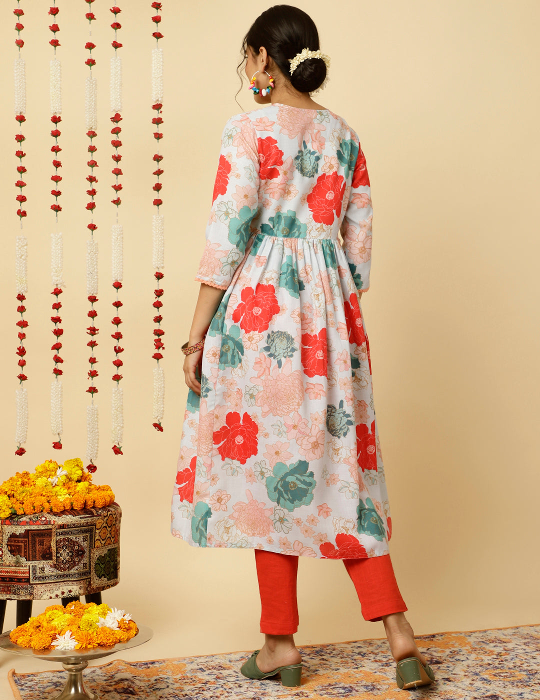 Light Blue Floral Printed Gathered Angrakha Kurta