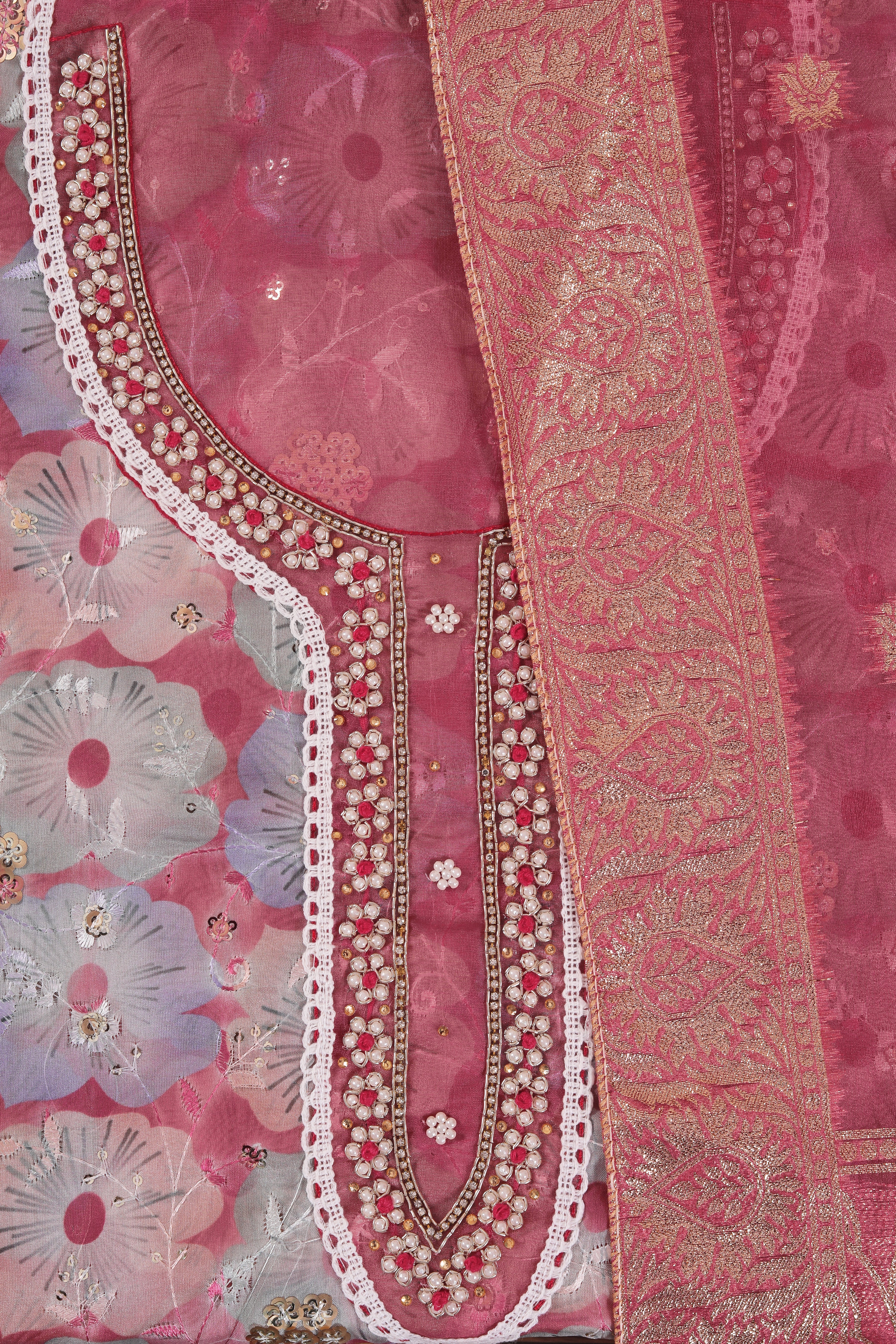 Rani Embellished Organza Dress Material With Dupatta