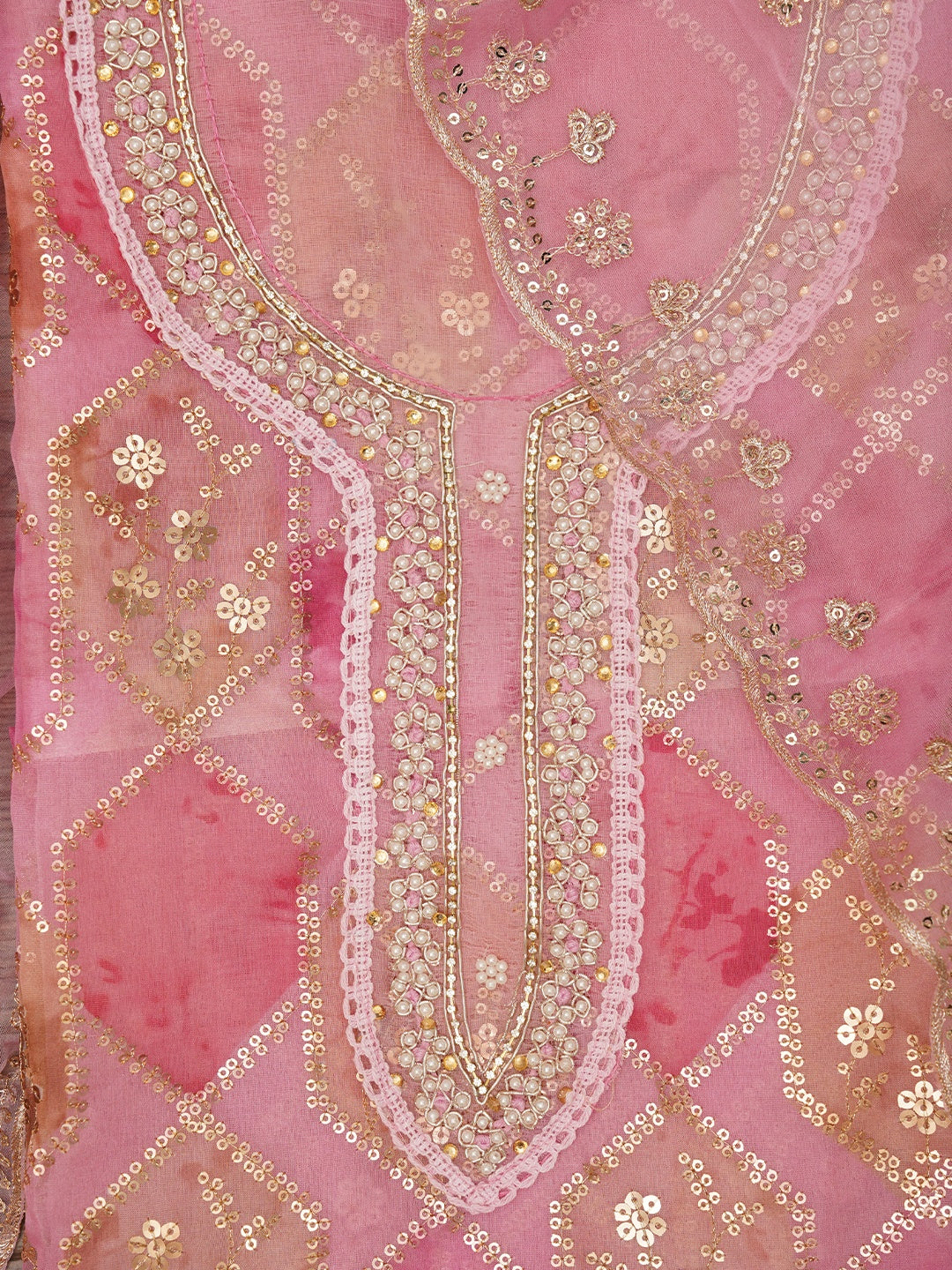 Pink Sequin Embroidered Organza Dress Material with Dupatta