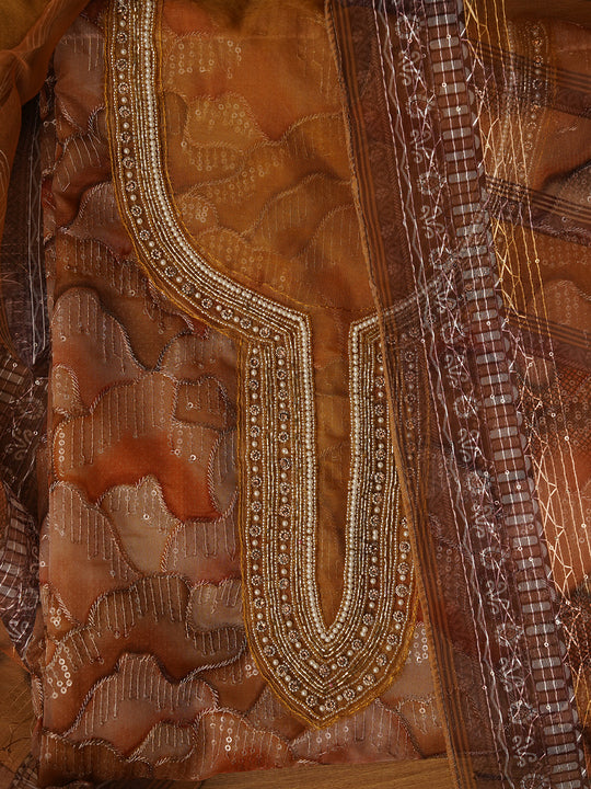 Mustard Unstitched Embroidered Organza Dress Material With Dupatta