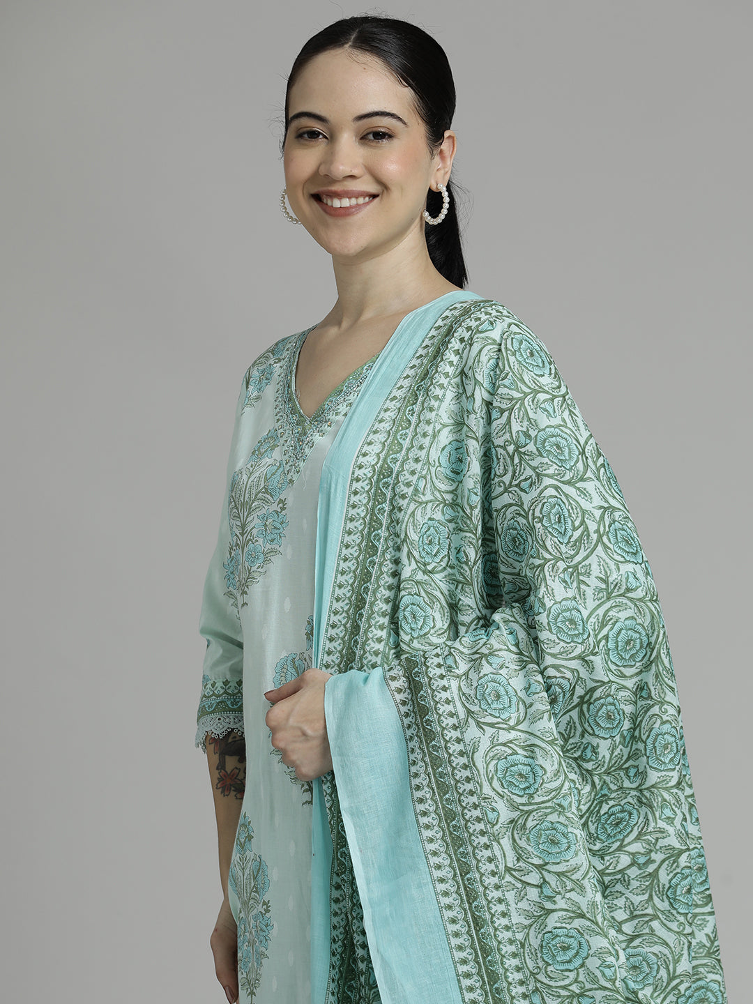 Off White Green Floral Printed Cotton Suit Set