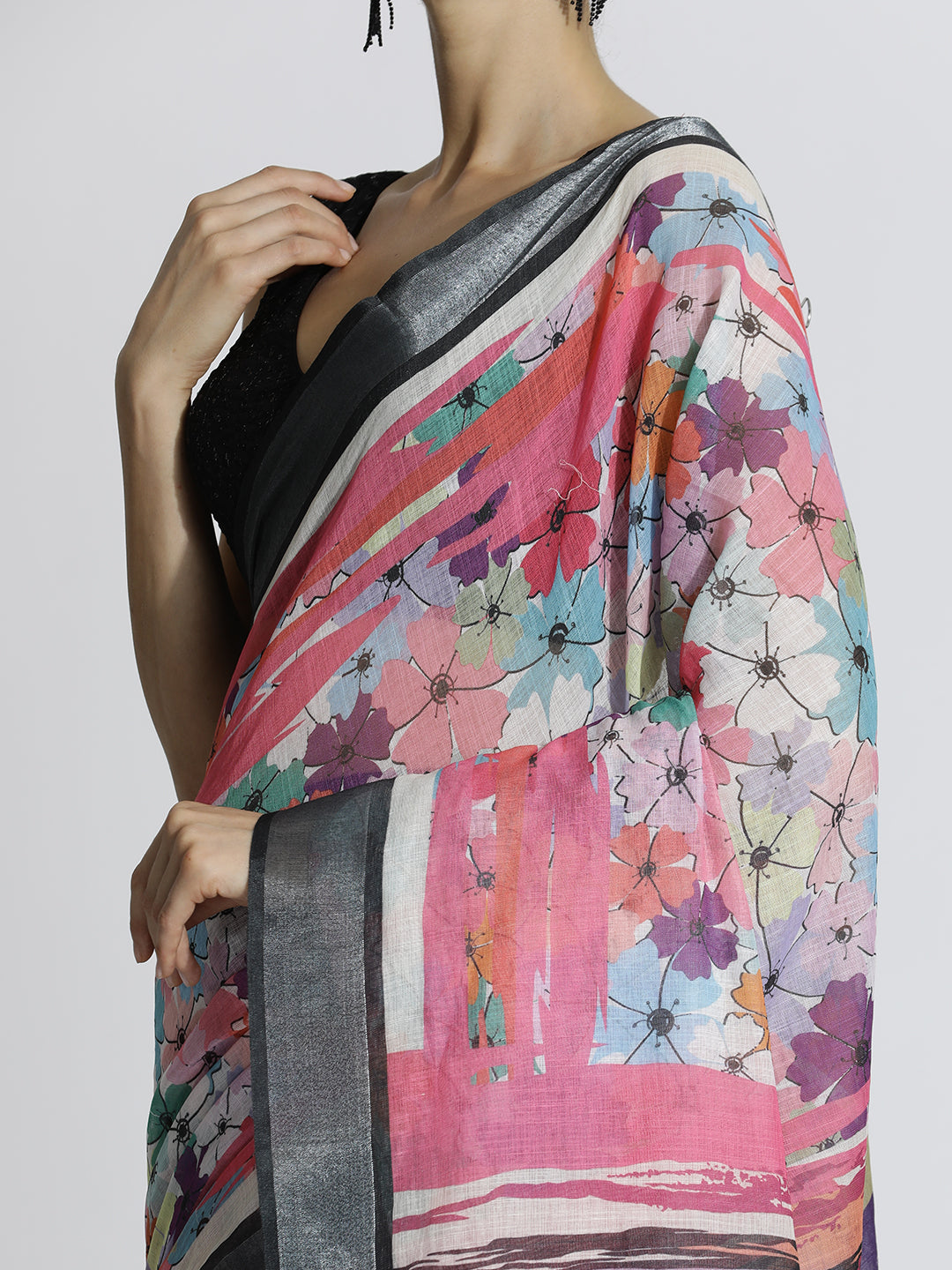 Floral Printed Daily Wear Pure Linen Multi Saree