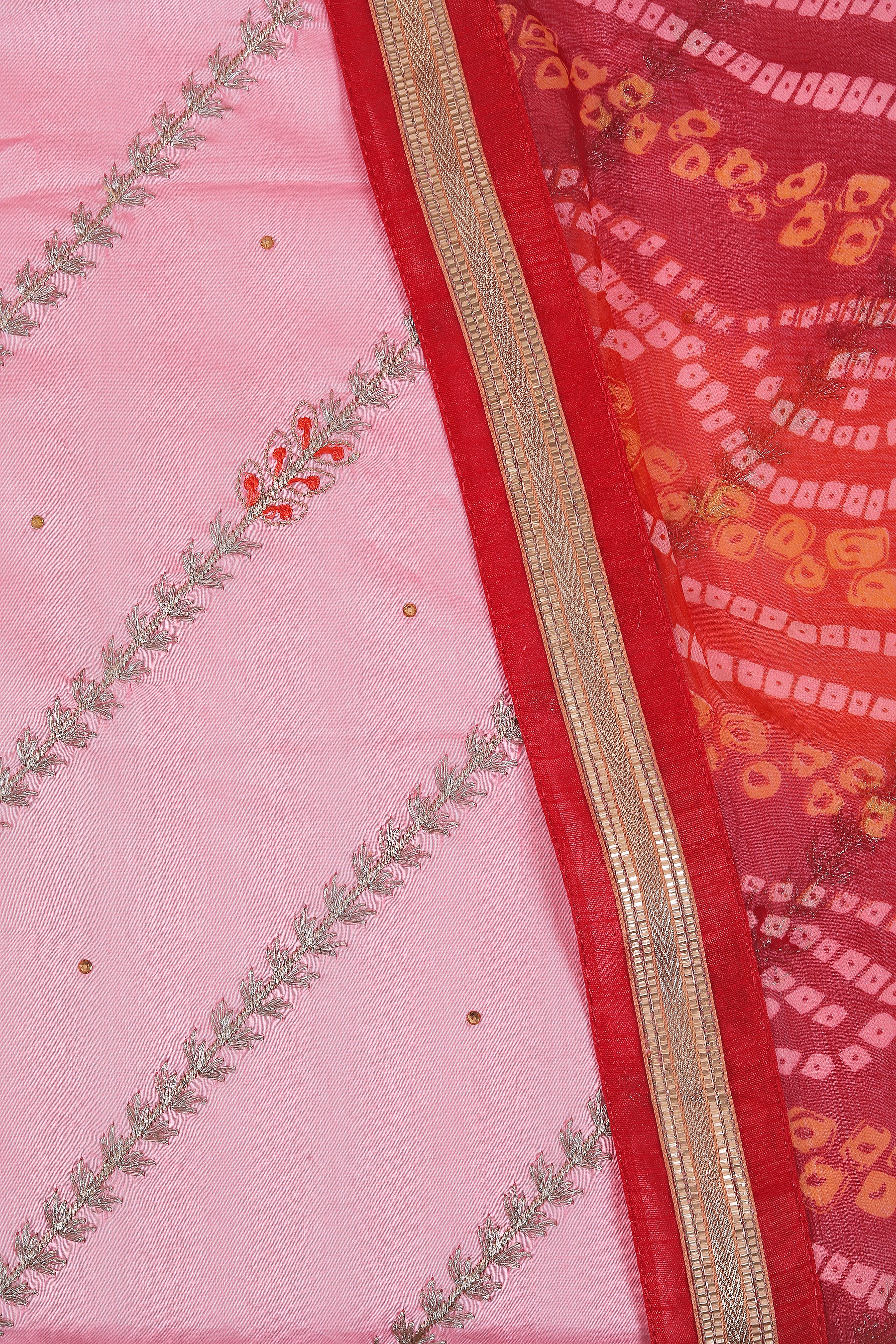 Pink Unstitched Floral Printed Beads and Stones Dress Material With Dupatta