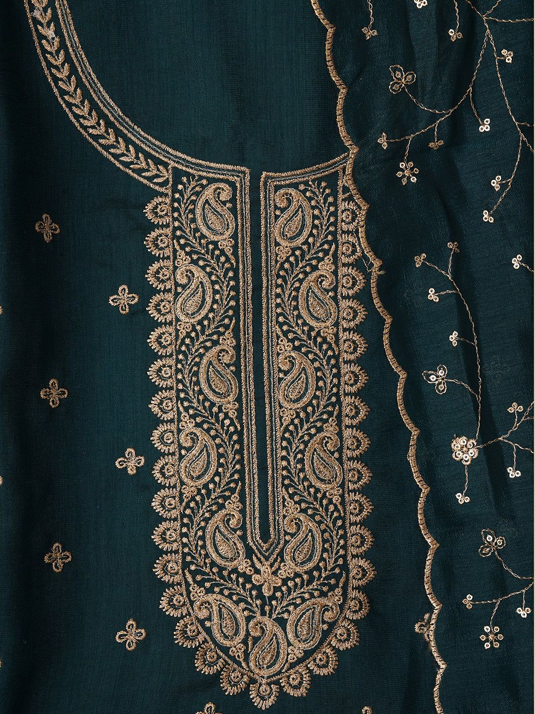 Teal Unstitched Embroidered Cotton Blend Dress Material With Dupatta