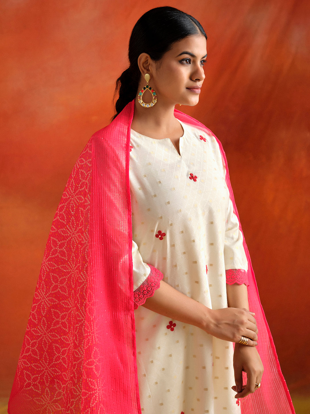 White Chanderi Jacquard Festive Kurta Set With Dupatta