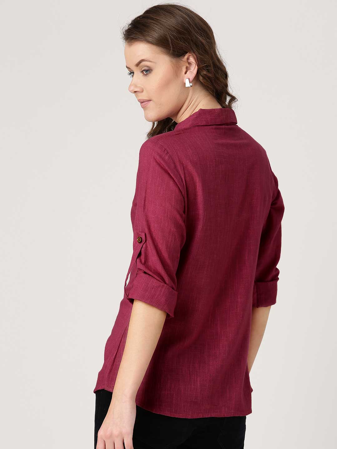 Pink Solid Front Placket Cotton Slub Shirt