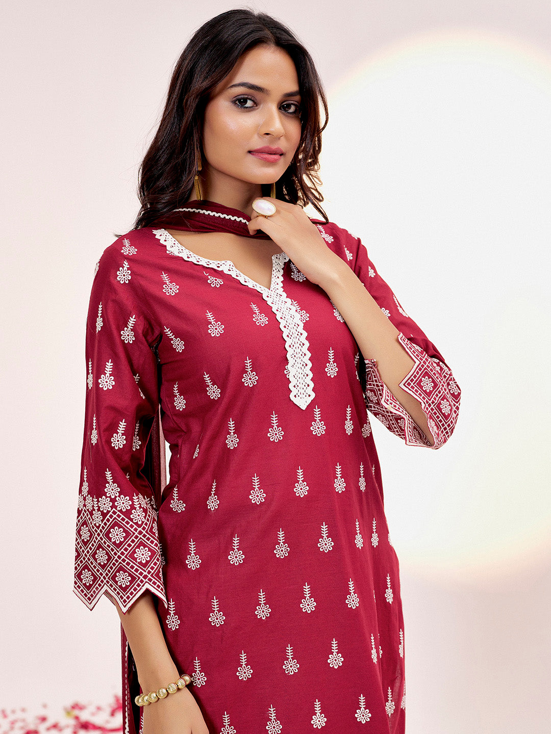 Maroon Embroidered Cotton Schiffli Kurta Set With Dupatta