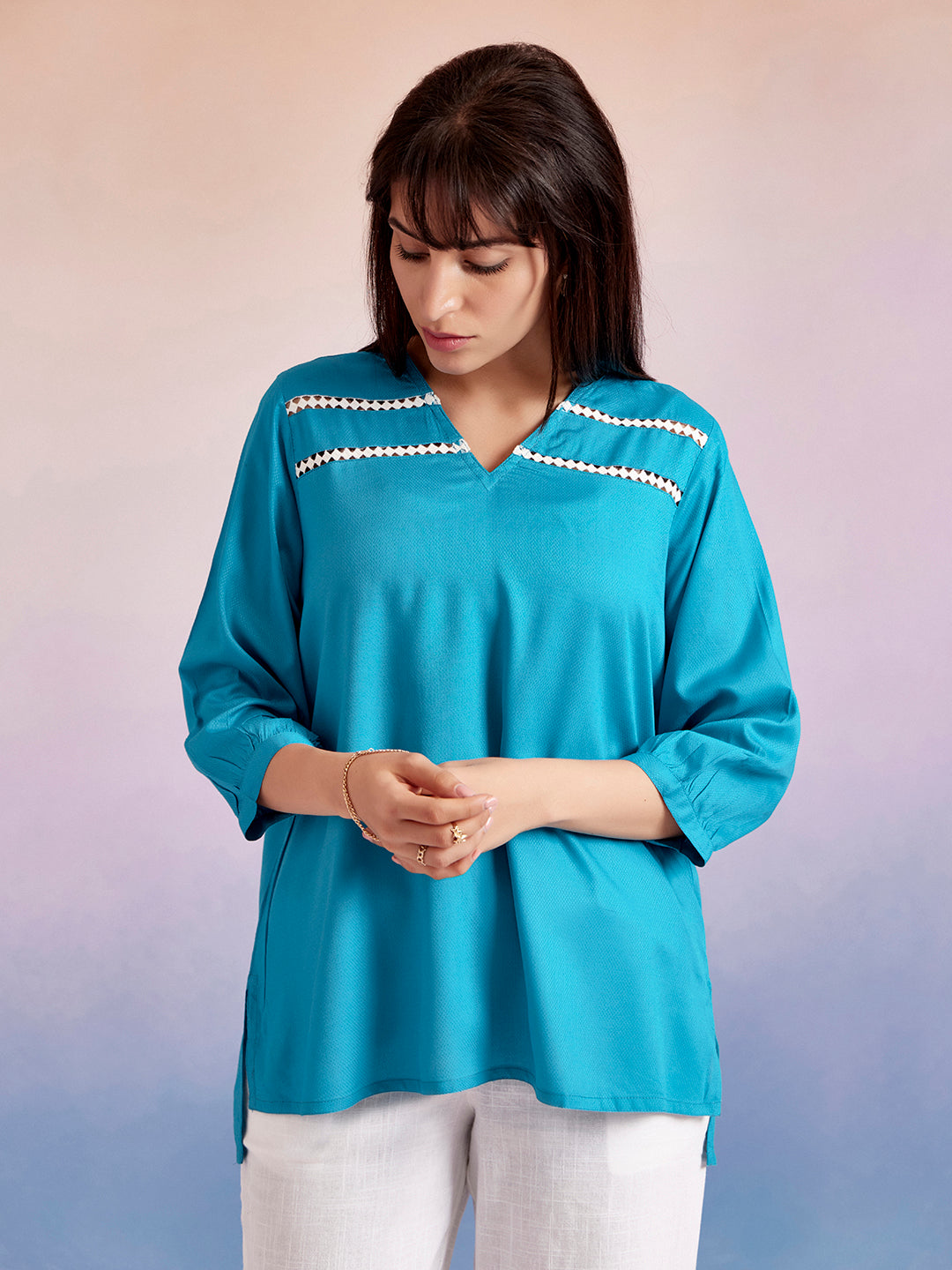 Turquoise Blue Solid High-Low Casual Top