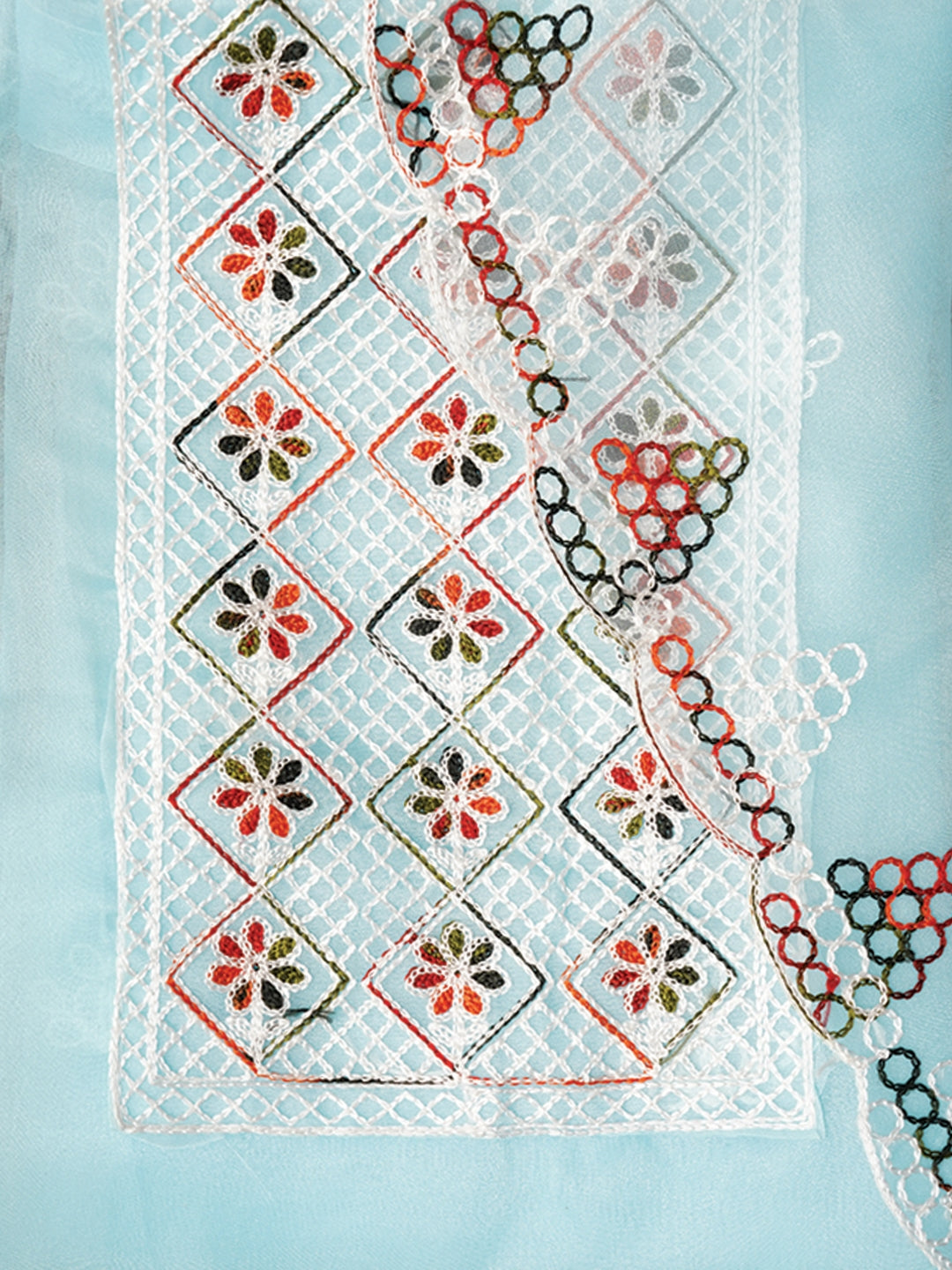 Sky Blue Zari Embroidered Organza Dress Material with Dupatta