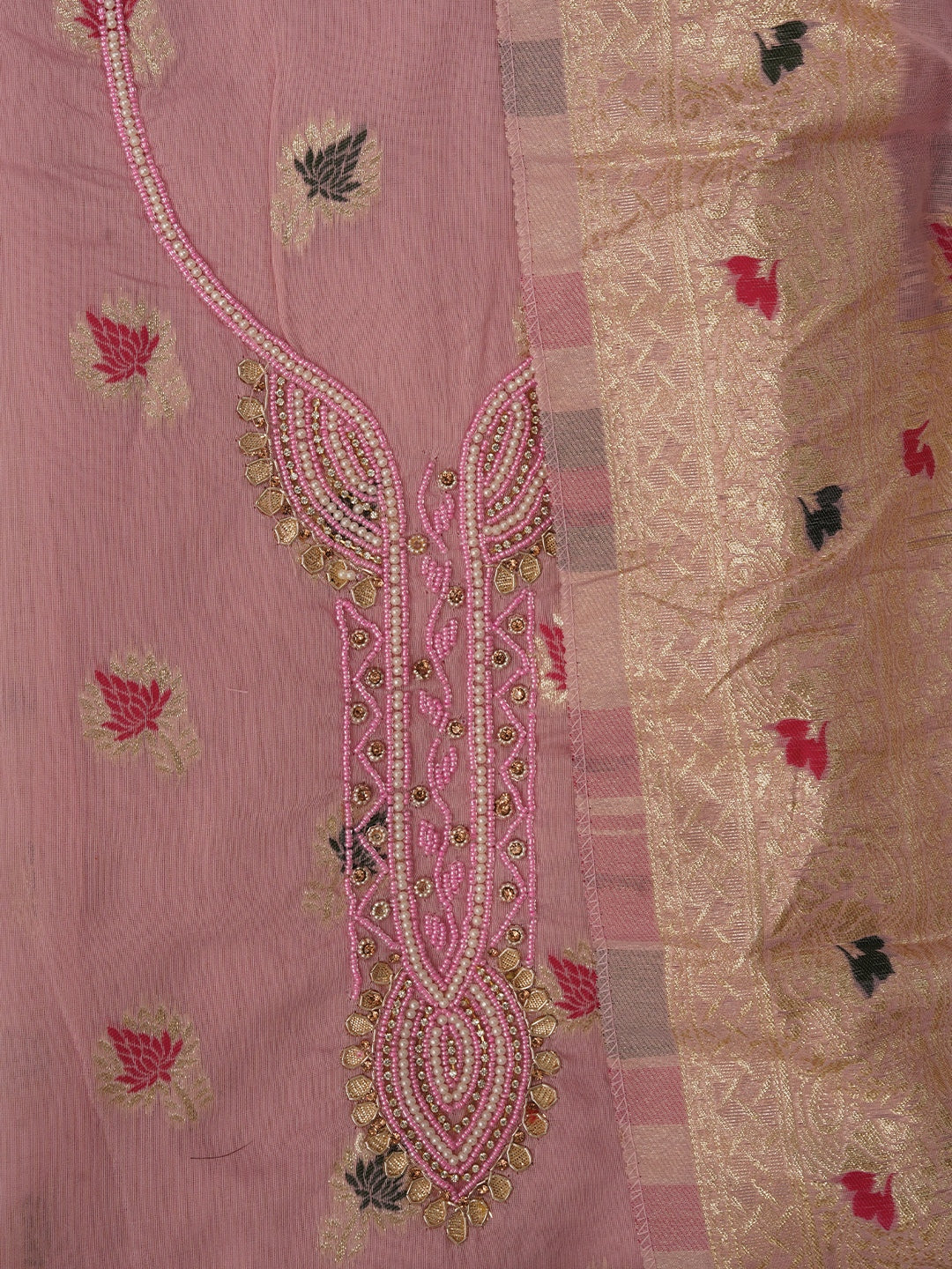 Zari Pink Woven Cotton Blend Dress Material with Dupatta