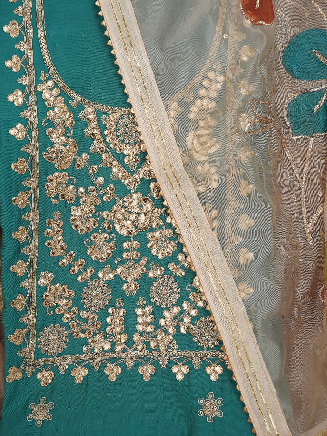 Teal Floral Printed Embroidered Pure Silk Dress Material with Dupatta