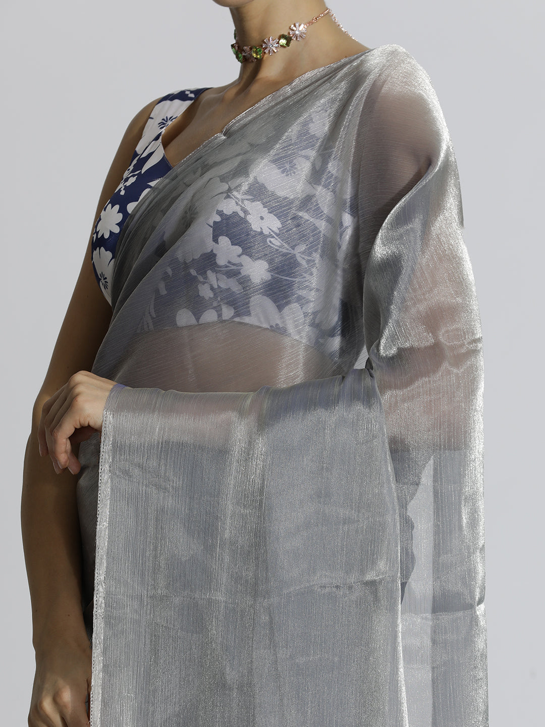 Grey Festive Tissue Solid Saree